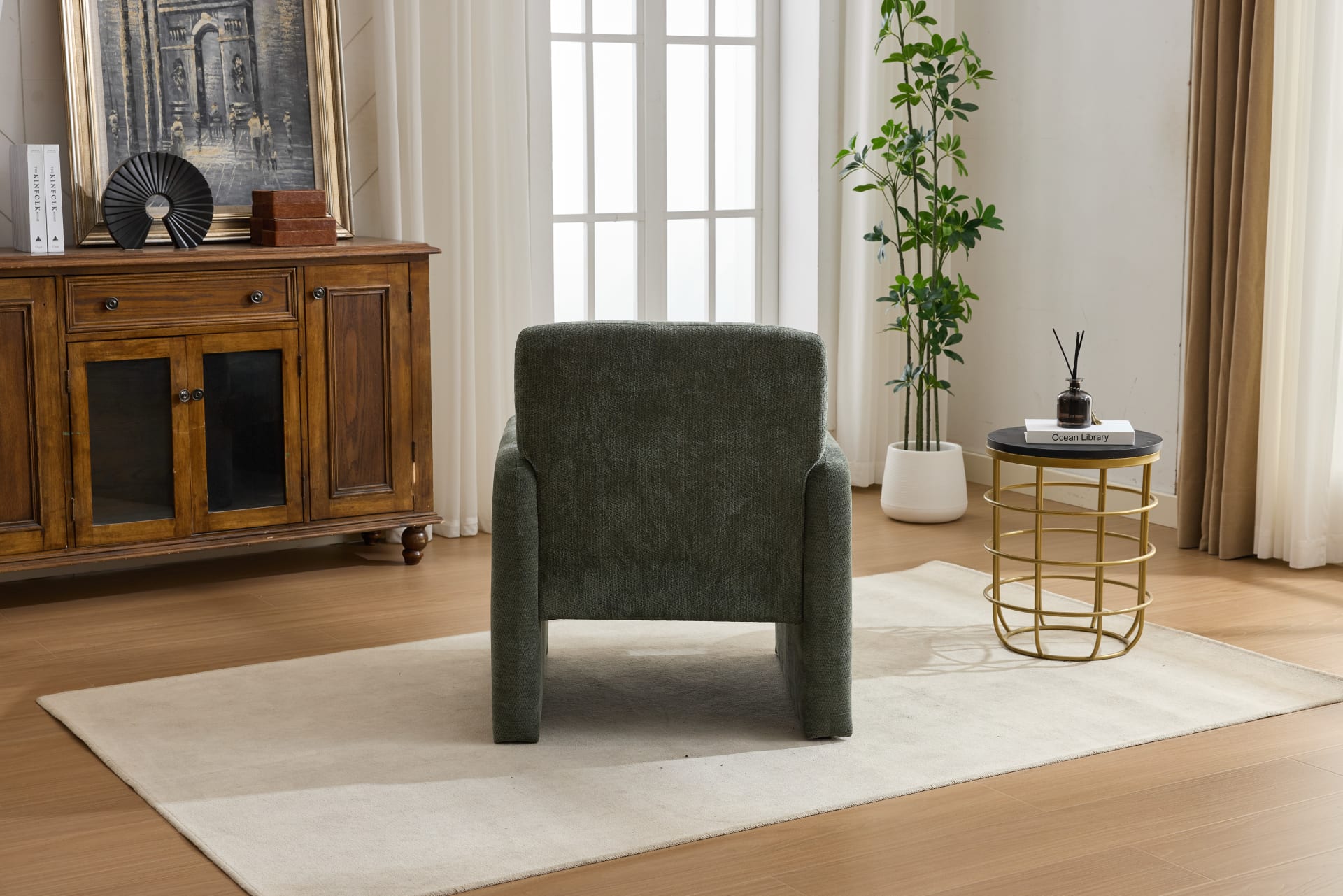 Modern Accent Chair, Contemporary Boucle Fabric Accent Armchair Comfy Upholstered Leisure Single Sofa Chair For Living Room Bedroom Apartment Office - Orange  - Green view 5