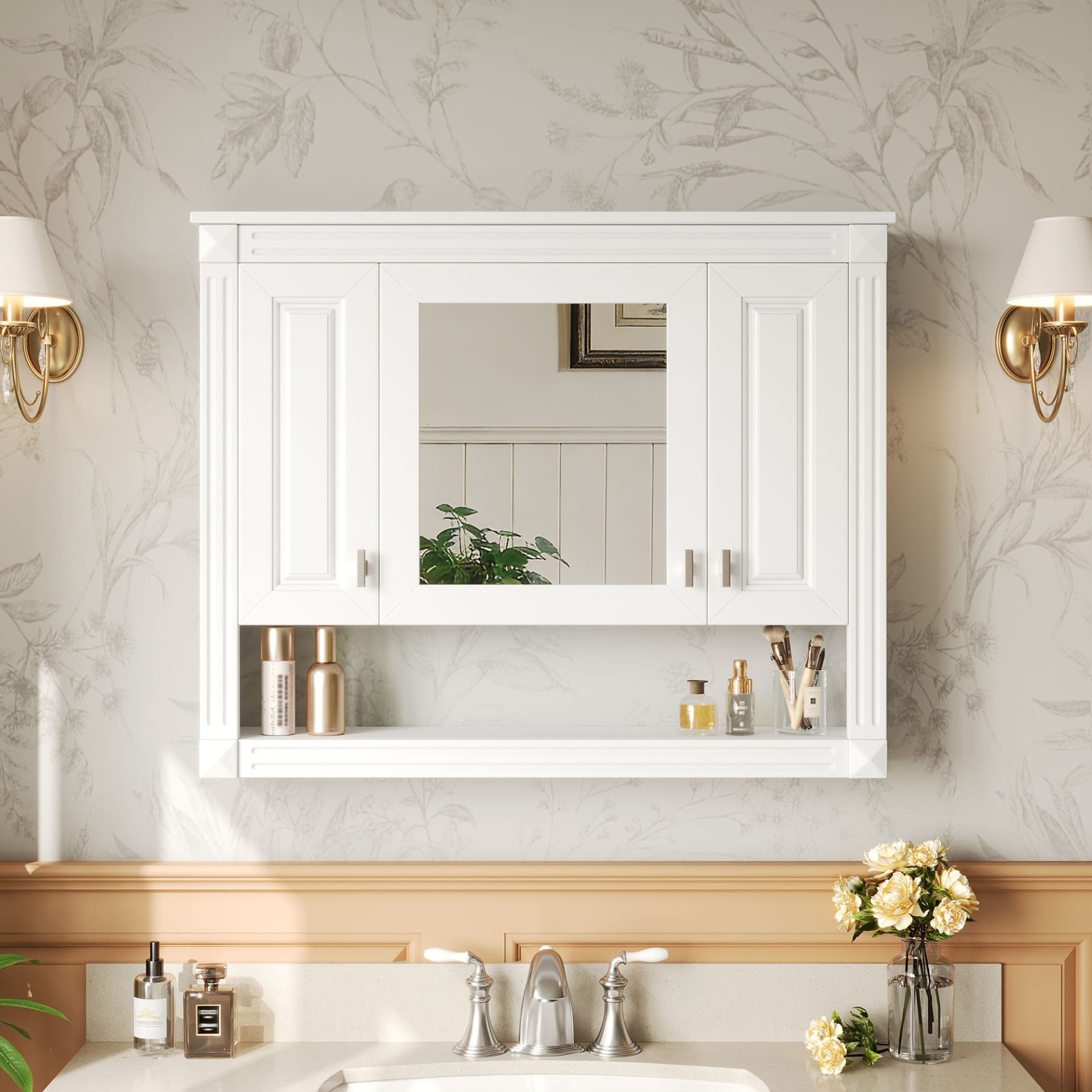 35inch Bathroom Wall Cabinet With Mirror, Wall Mounted Medicine Cabinet With Open Shelf, Mirrored Door Over Toilet Storage Cabinet, White