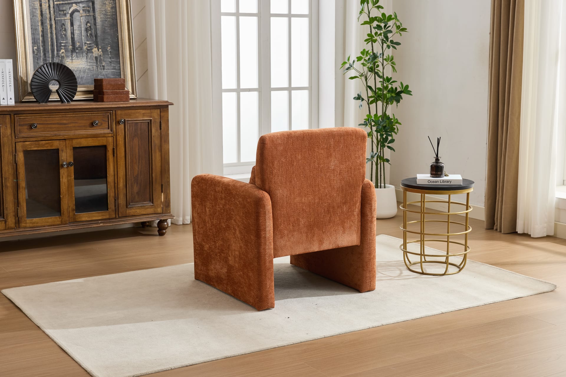 Modern Accent Chair, Contemporary Boucle Fabric Accent Armchair Comfy Upholstered Leisure Single Sofa Chair For Living Room Bedroom Apartment Office - Orange view 3