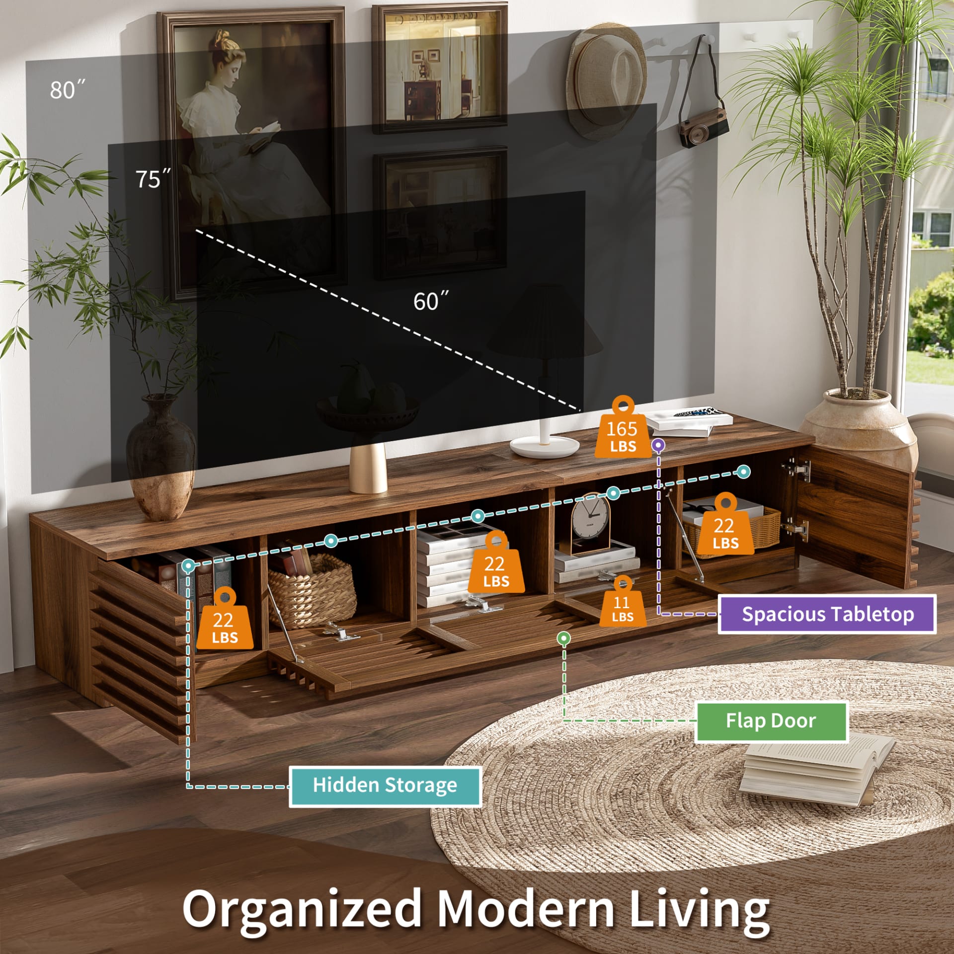 70 Inch Modern TV Stand For TVs Up To 80, Entertainment Center With Cable Management, Soft-Closing Hinges For Living Room