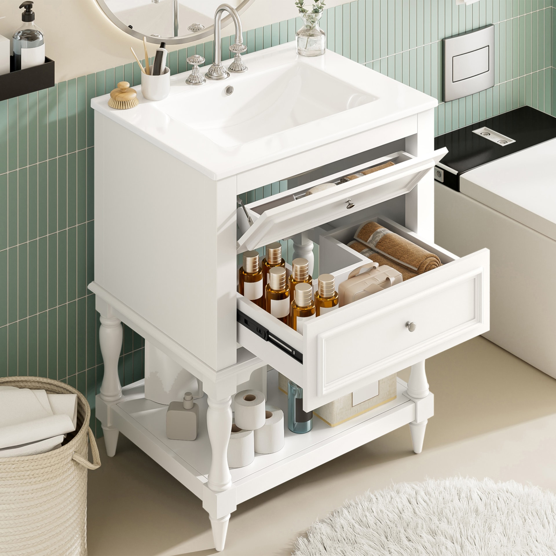 24'' Bathroom Vanity With Ceramic Sink, Bathroom Storage Cabinet With Open Shelf , Retro Design Bathroom Cabinet With 2 Drawers view 4