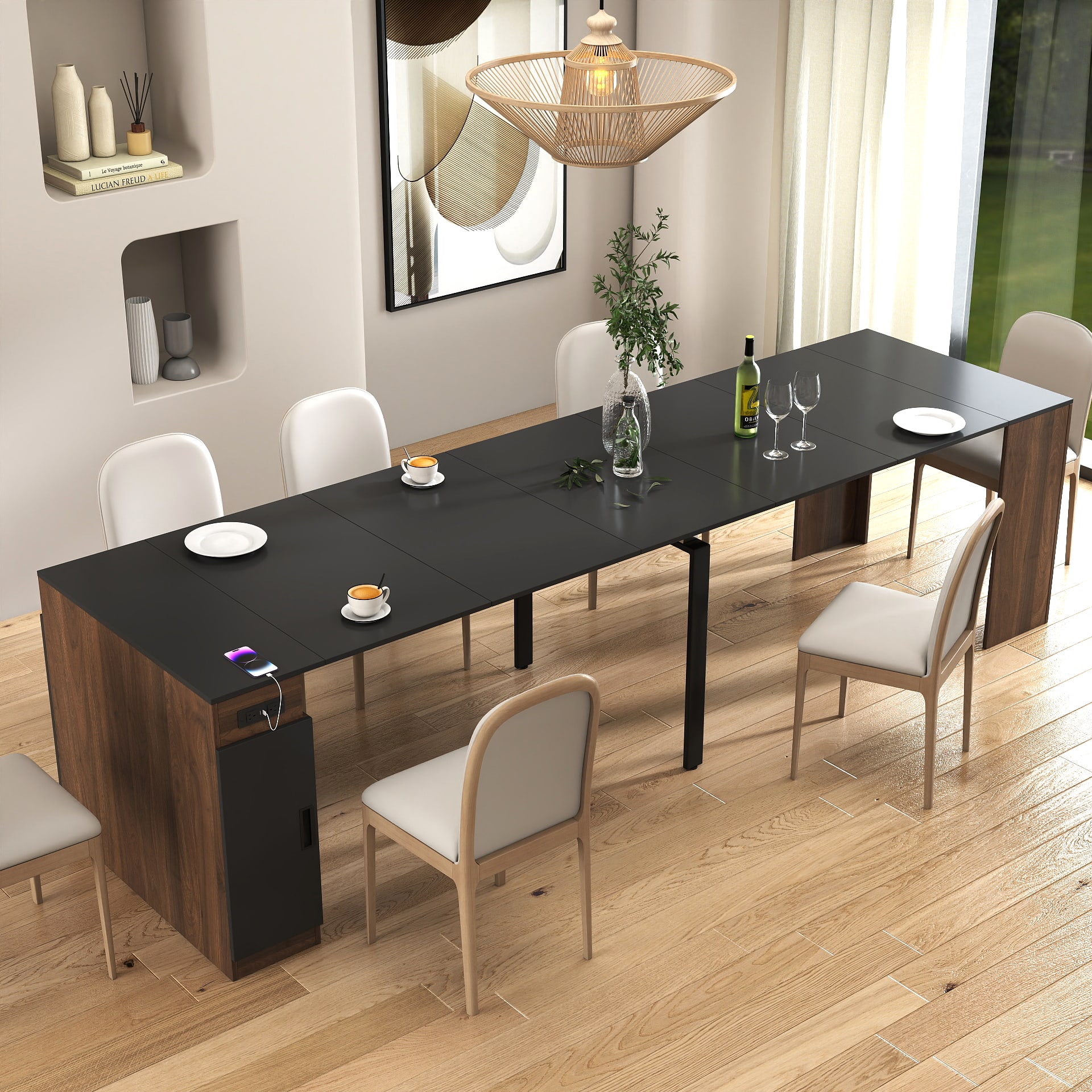 Modern Multifunctional Extendable Dining Table With Outlet, Space Saving Expanding Table With Storage For Party, Weddings, Meetings, Celebrations view 5