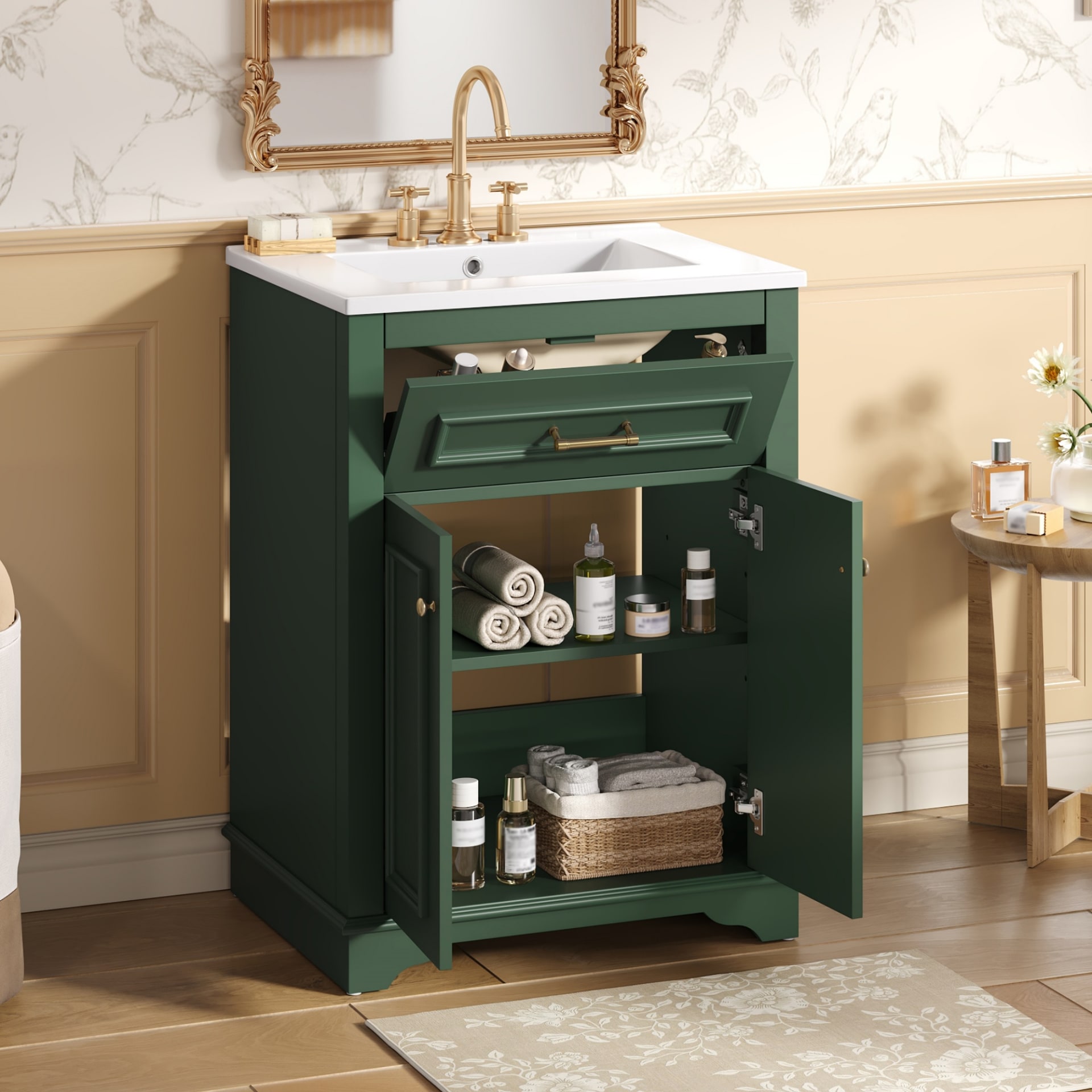 24 Bathroom Vanity With Integrated Ceramic Sink, Bathroom Cabinet With 2 Doors, 1 Tip-Out Drawer, Single Sink Bathroom Vanity For Small And Medium Restroom, Green
