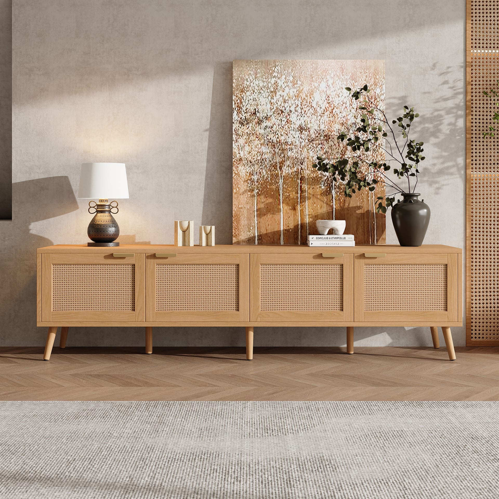 70inch Modern TV Stand With Rattan Doors For TVs Up To 80, Media Console With Storage Space & Cable Holes, Entertainment Center For Living Room view 5