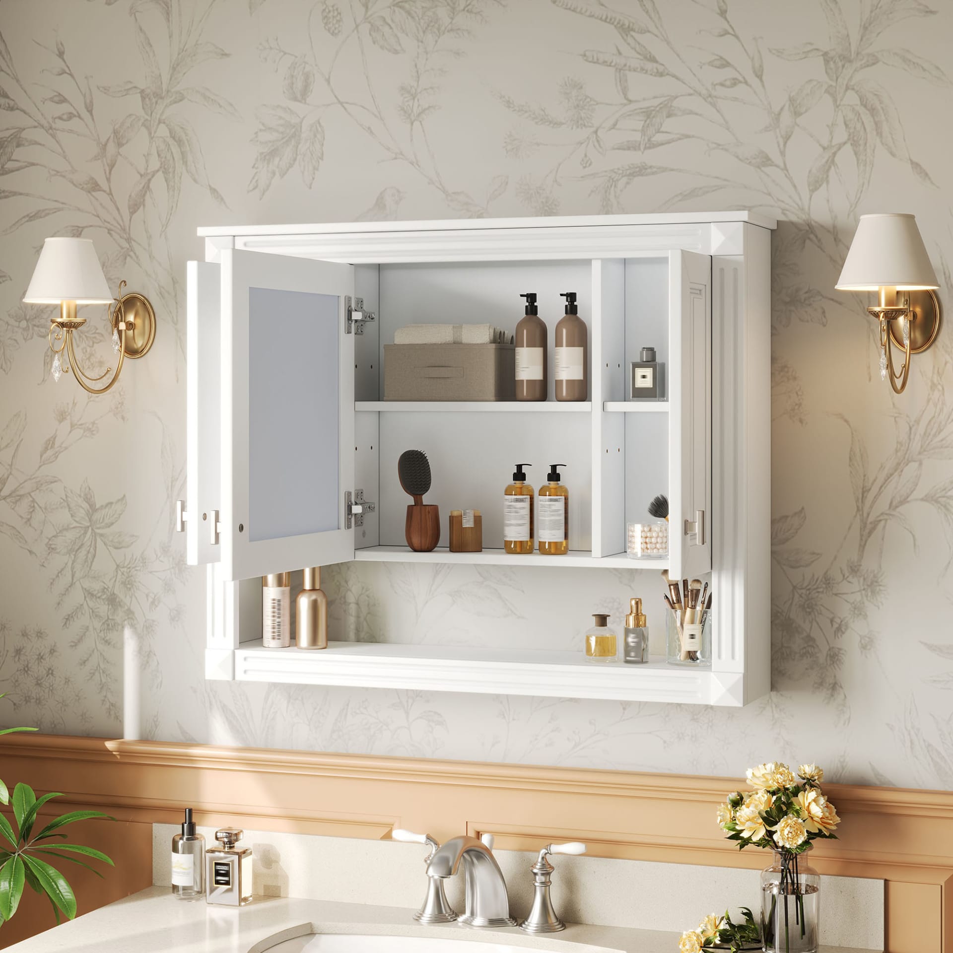 35inch Bathroom Wall Cabinet With Mirror, Wall Mounted Medicine Cabinet With Open Shelf, Mirrored Door Over Toilet Storage Cabinet, White view 3