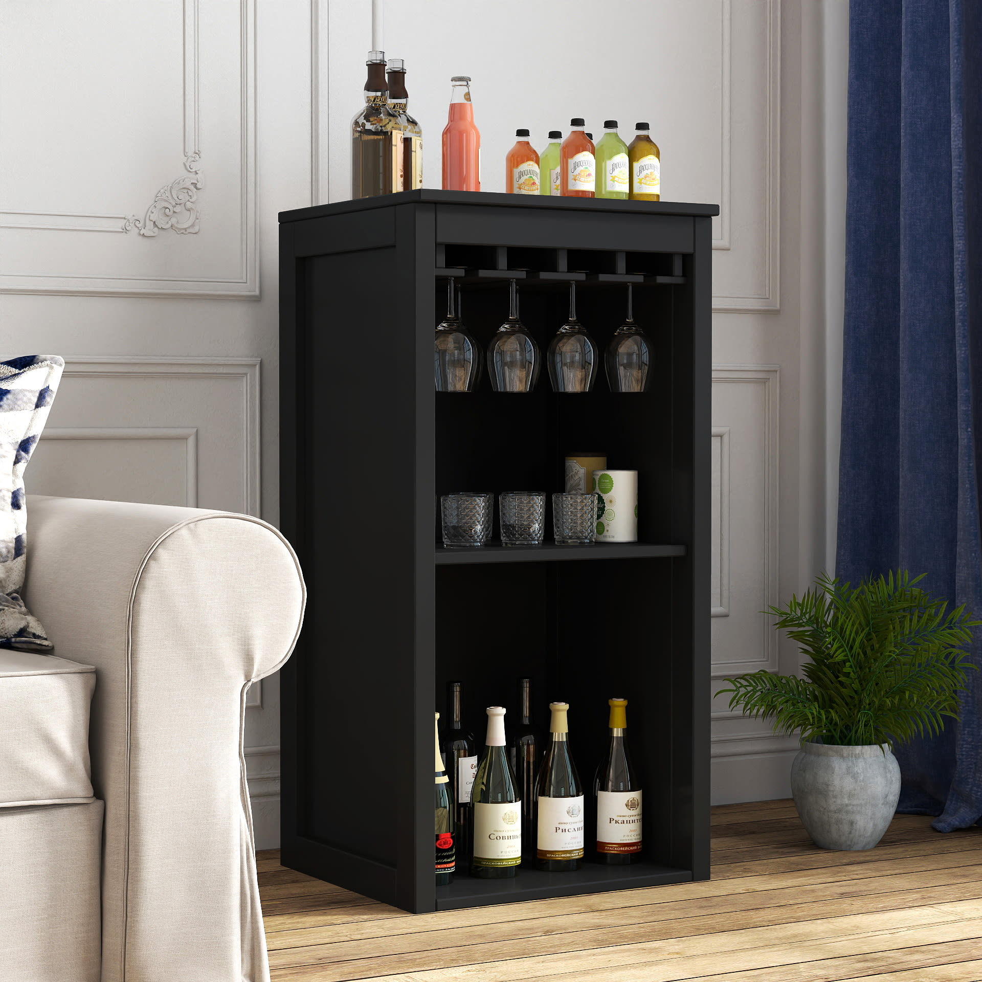 Black Color Modular Wine Bar Cabinet With Storage Shelves With Hutch For Dining Room view 5