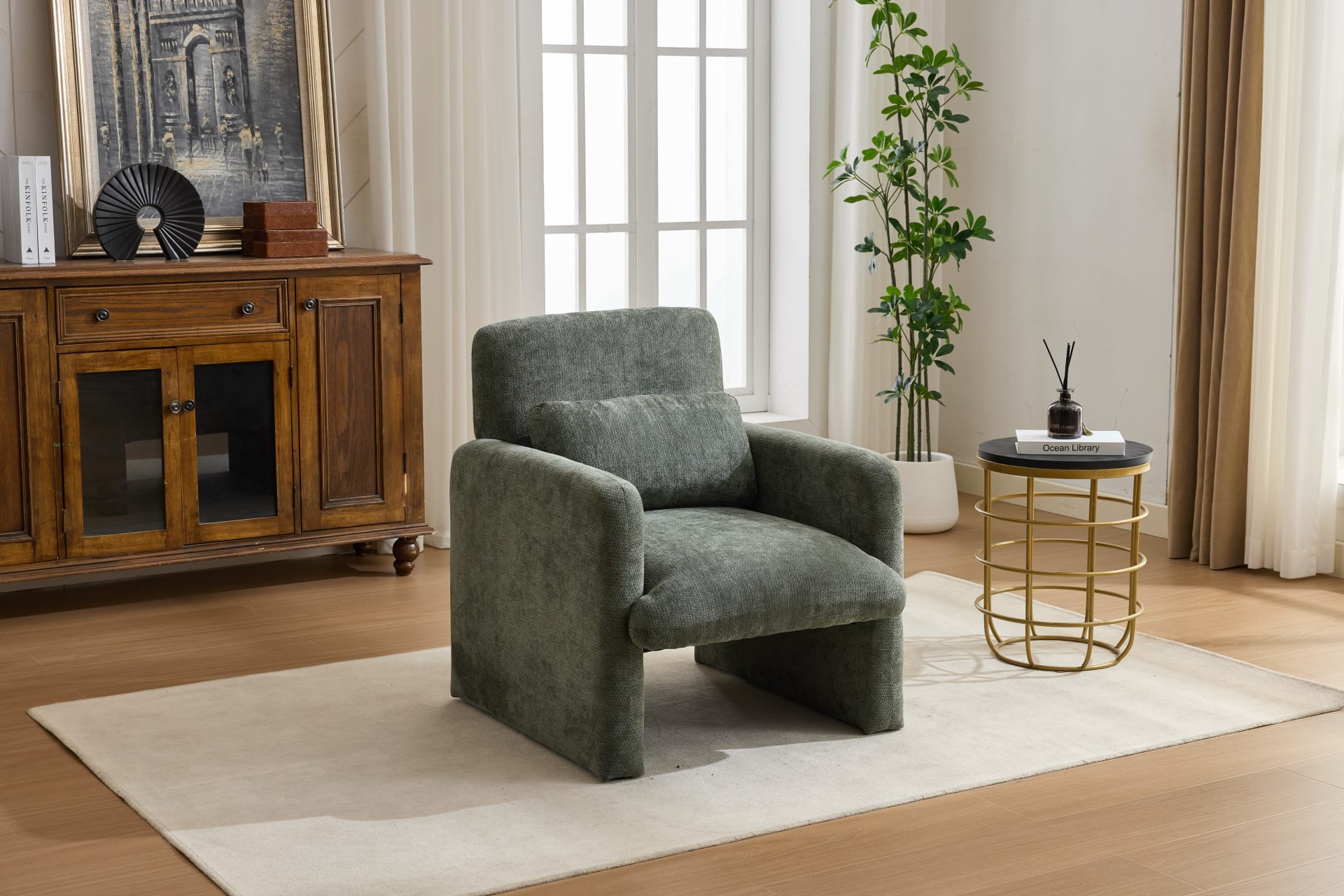 Modern Accent Chair, Contemporary Boucle Fabric Accent Armchair Comfy Upholstered Leisure Single Sofa Chair For Living Room Bedroom Apartment Office - Orange  - Green view 2