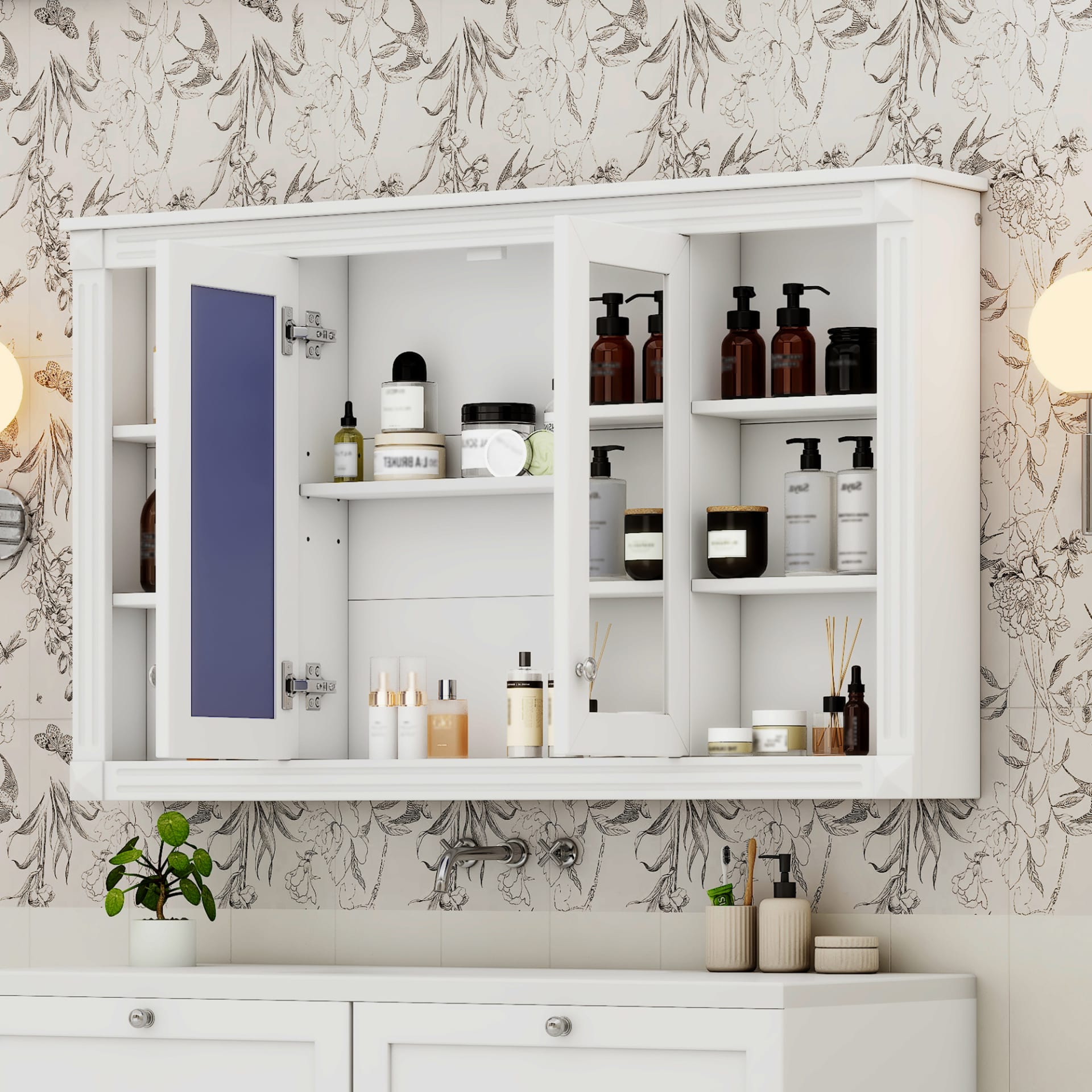 47 Inch Bathroom Mirror Cabinet With Storage, Adjustable Shelf And Open Shelves, Wall Mounted Medicine Cabinet For Bathroom, Bedroom, Vanity
