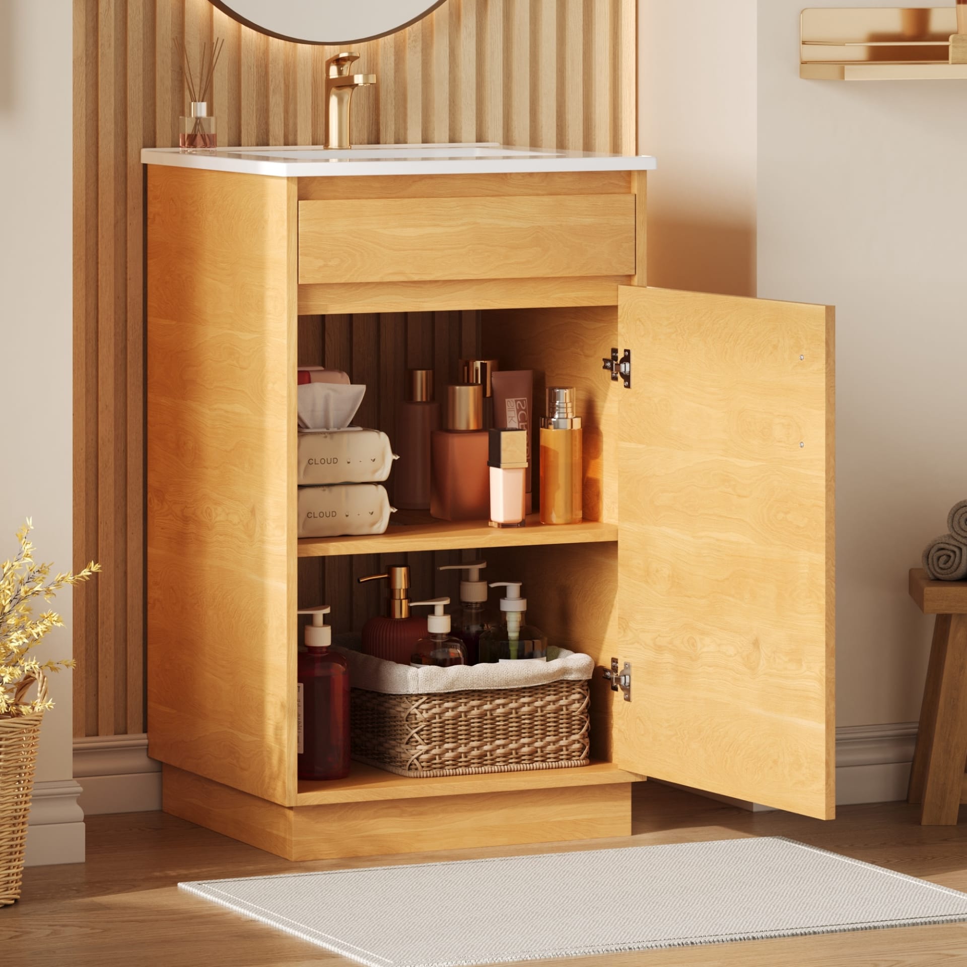 20-inch Bathroom Vanity With Ceramic Sink, Freestanding Single Vanity Set With Soft Closing Door, Adjustable Shelf, Farmhouse Style, Natural Wood. view 2
