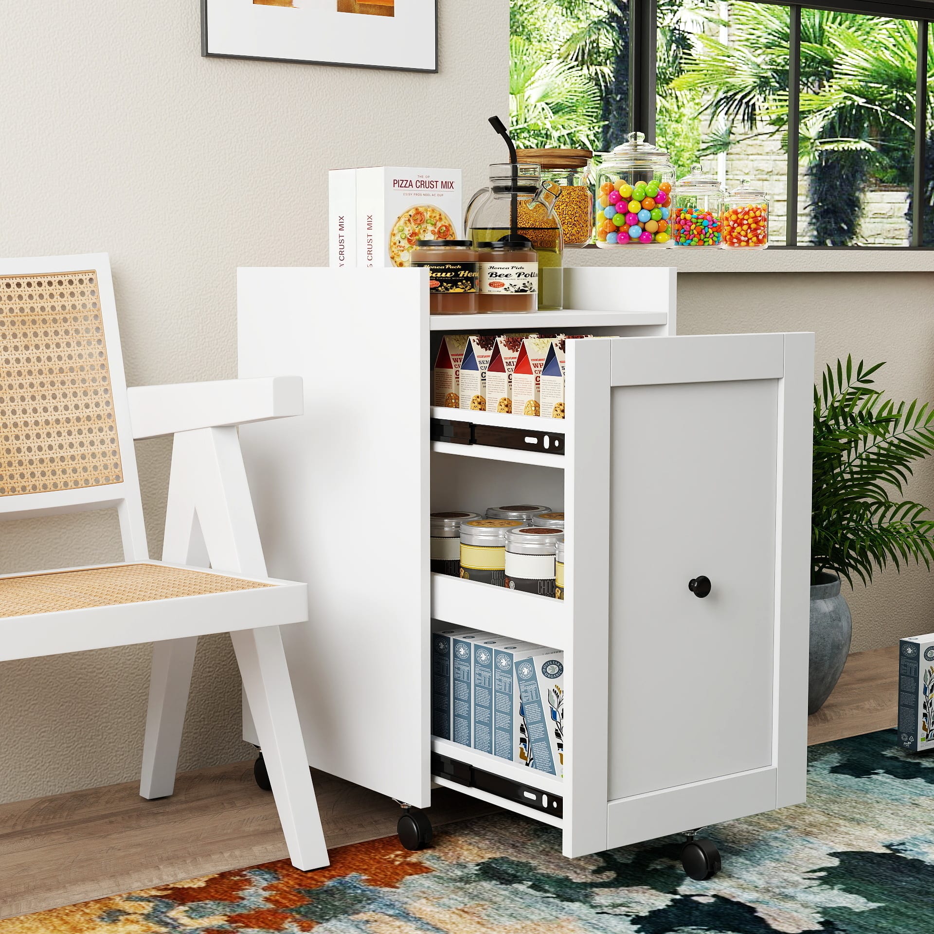 Organizer For Pantry -Sliding Out Snack Cabinet , Multi-Layer Soda Can Organizer For Pantry, Mobile Snack Storage Rack With Wheels view 2