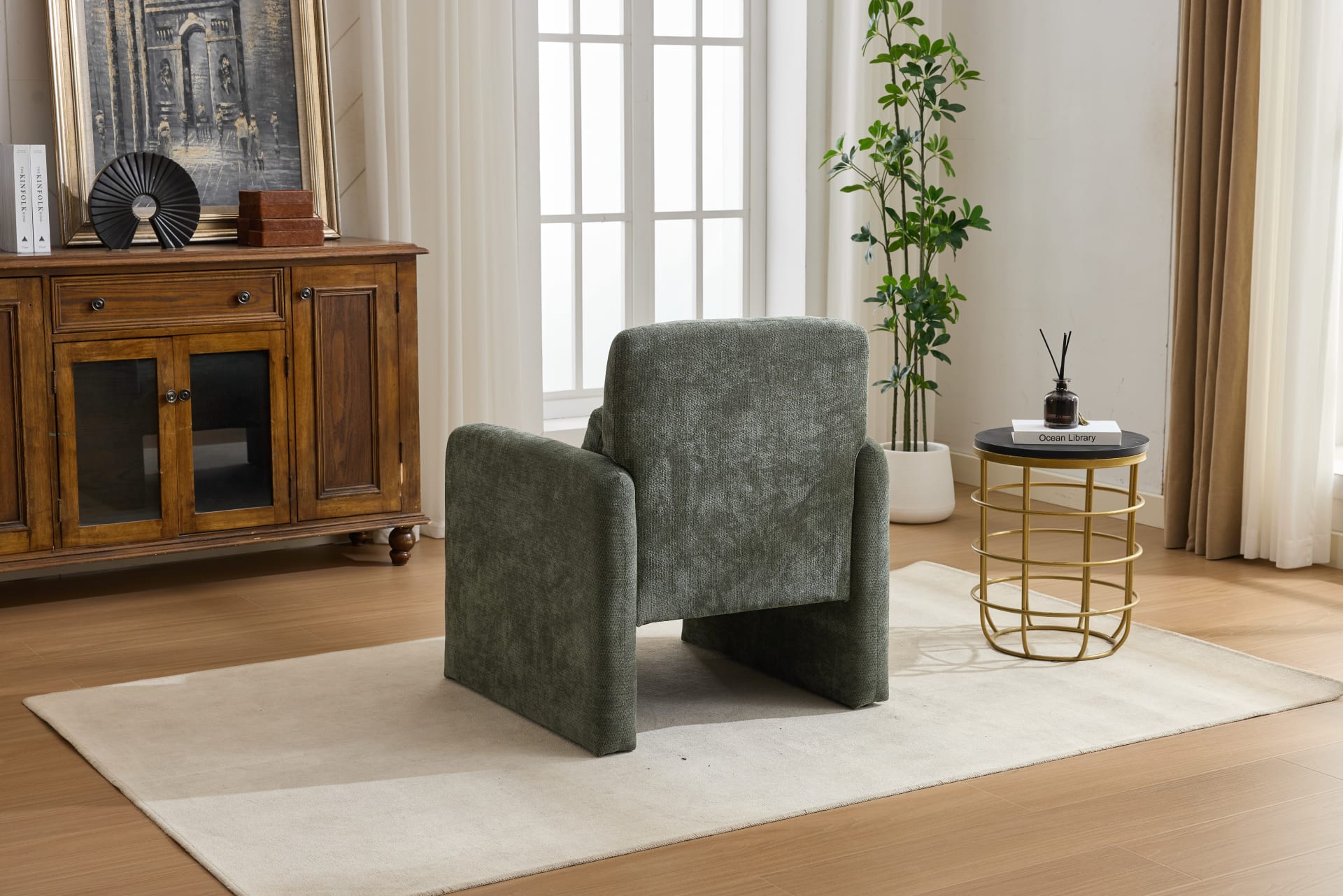 Modern Accent Chair, Contemporary Boucle Fabric Accent Armchair Comfy Upholstered Leisure Single Sofa Chair For Living Room Bedroom Apartment Office - Orange  - Green view 4