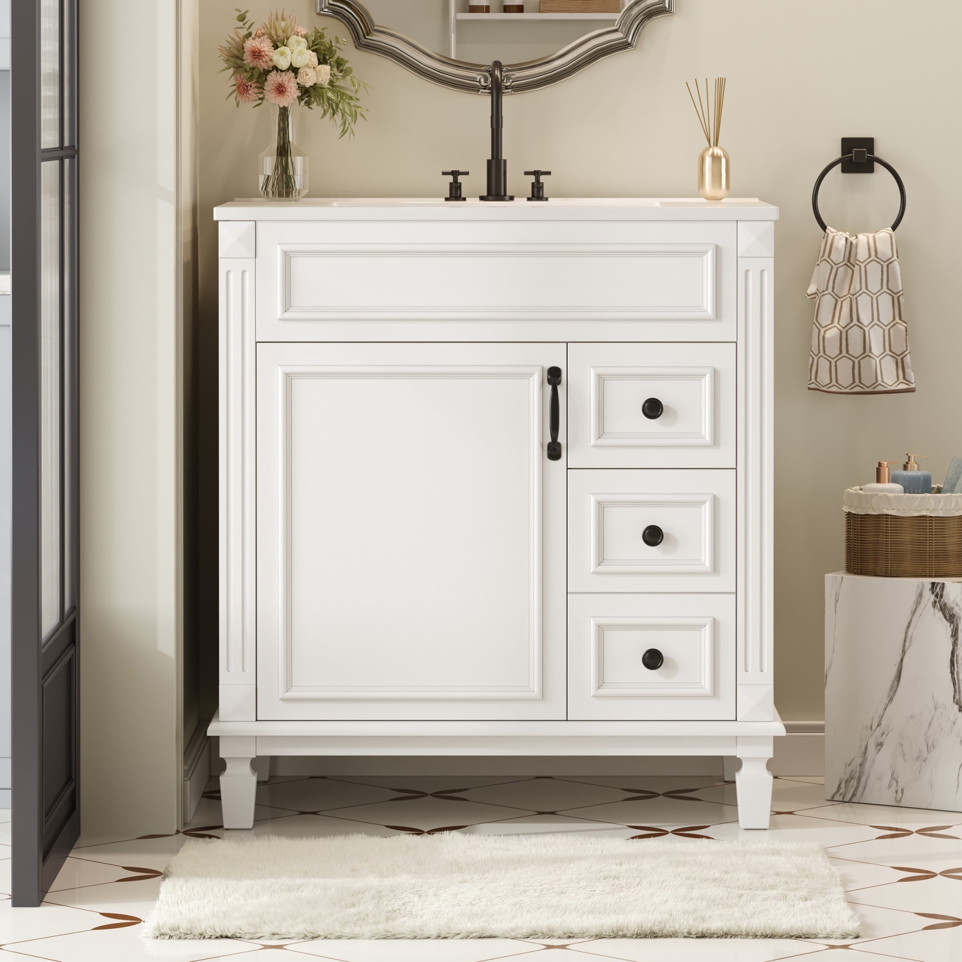 30 Bathroom Vanity With Ceramic Sink, Small Bathroom Sink Cabinet, Modern Cabinet With 2 Drawers And Adjustable Shelf view 3