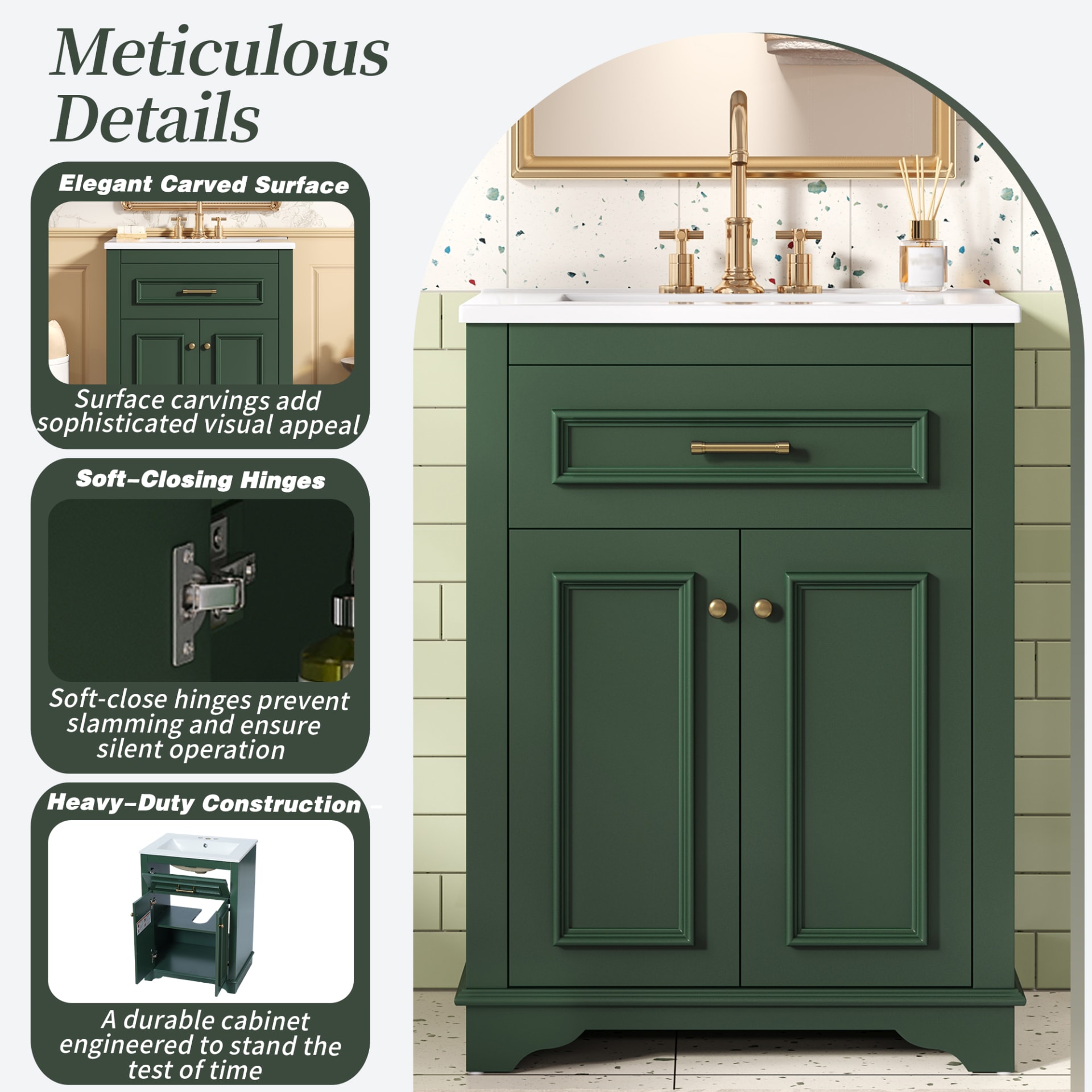 24 Bathroom Vanity With Integrated Ceramic Sink, Bathroom Cabinet With 2 Doors, 1 Tip-Out Drawer, Single Sink Bathroom Vanity For Small And Medium Restroom, Green view 5