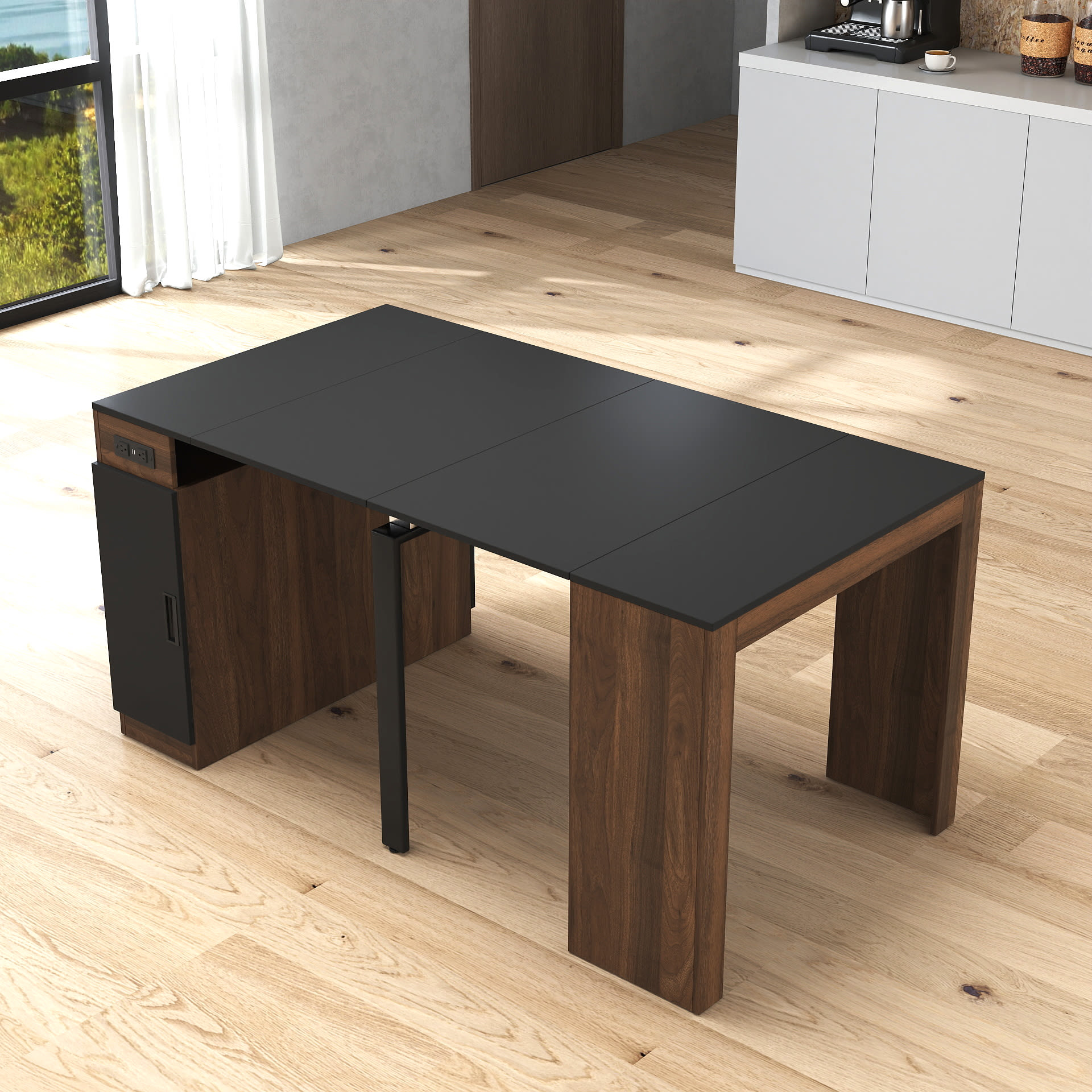 Modern Multifunctional Extendable Dining Table With Outlet, Space Saving Expanding Table With Storage For Party, Weddings, Meetings, Celebrations view 1