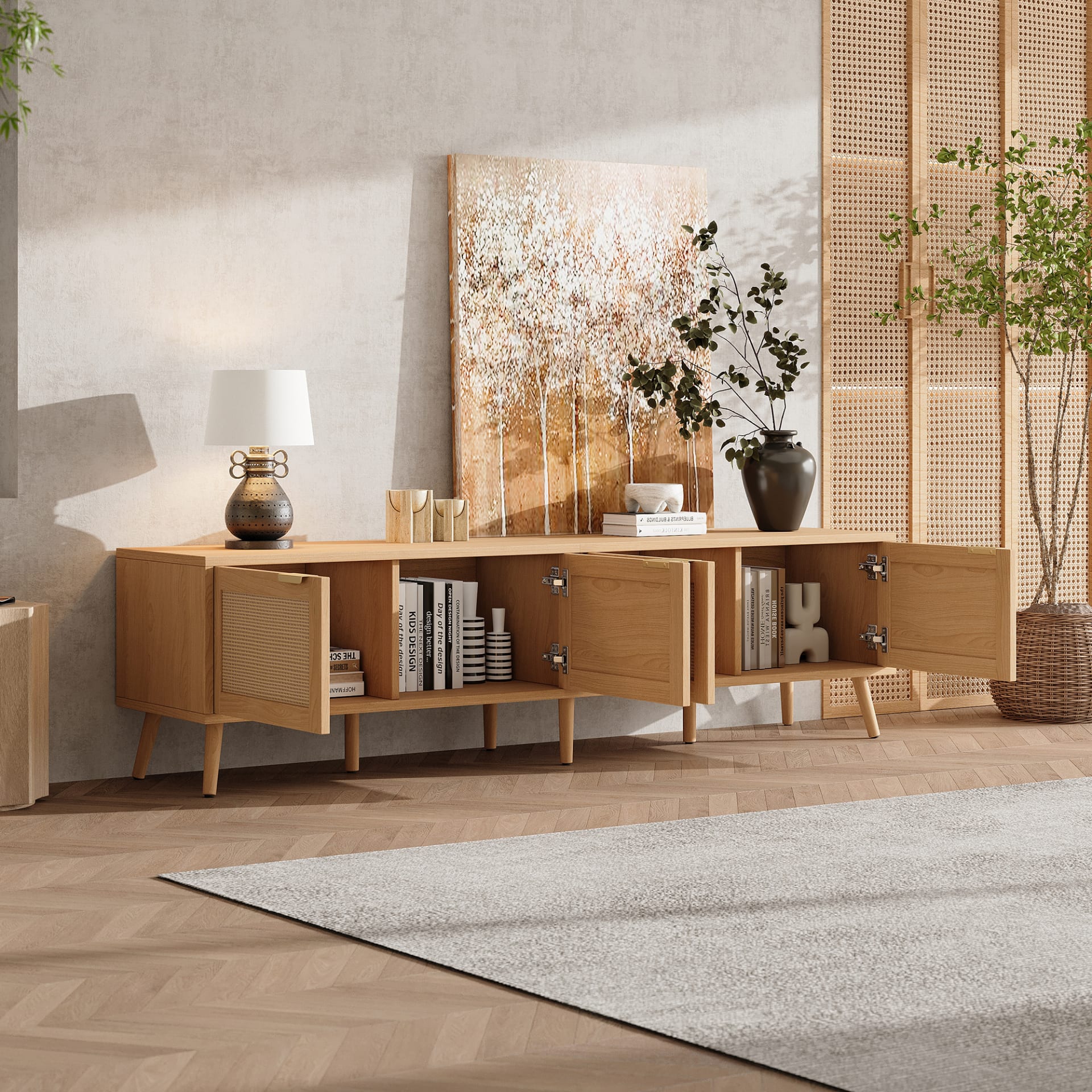 70inch Modern TV Stand With Rattan Doors For TVs Up To 80, Media Console With Storage Space & Cable Holes, Entertainment Center For Living Room view 4