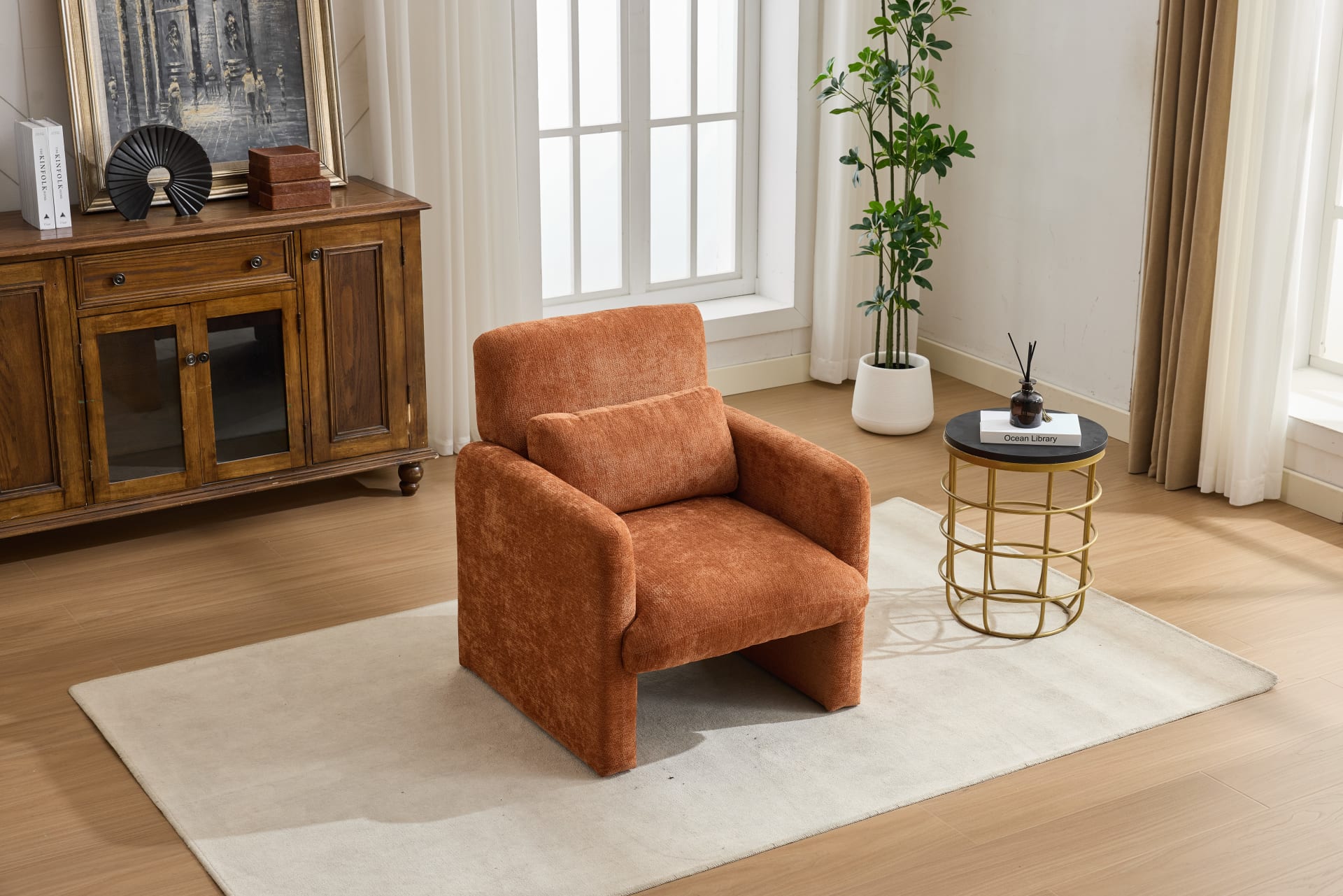 Modern Accent Chair, Contemporary Boucle Fabric Accent Armchair Comfy Upholstered Leisure Single Sofa Chair For Living Room Bedroom Apartment Office - Orange view 4