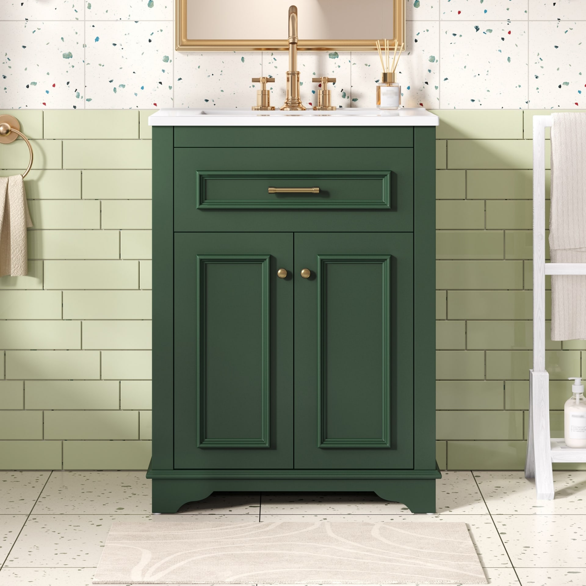 24 Bathroom Vanity With Integrated Ceramic Sink, Bathroom Cabinet With 2 Doors, 1 Tip-Out Drawer, Single Sink Bathroom Vanity For Small And Medium Restroom, Green view 2