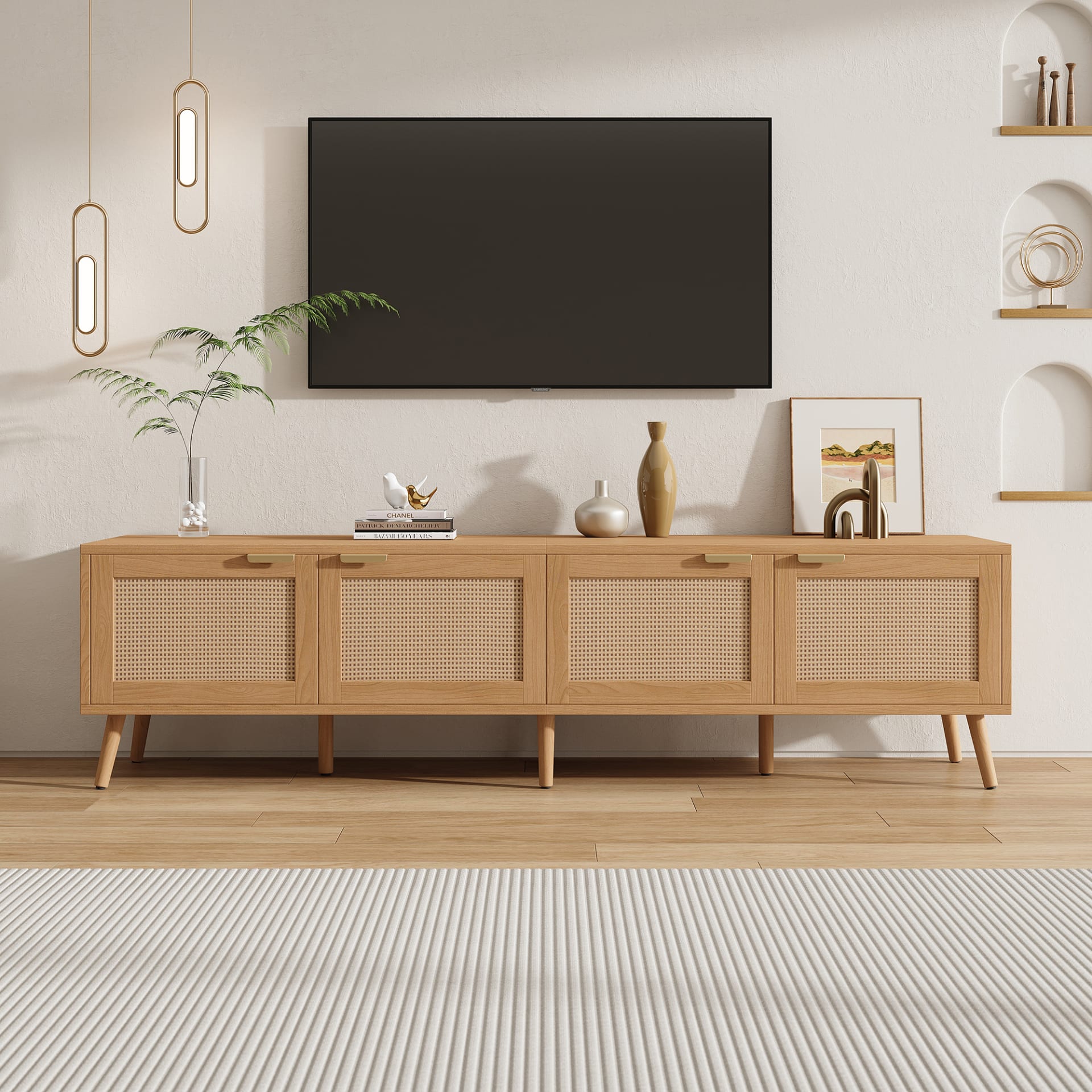 70inch Modern TV Stand With Rattan Doors For TVs Up To 80, Media Console With Storage Space & Cable Holes, Entertainment Center For Living Room view 2
