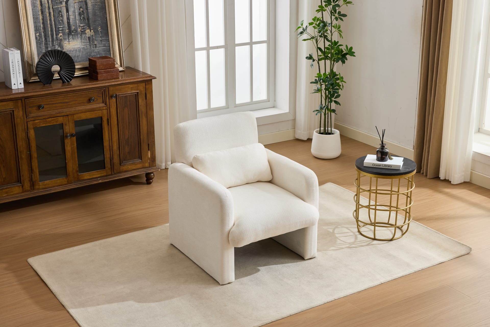 Modern Accent Chair, Contemporary Boucle Fabric Accent Armchair Comfy Upholstered Leisure Single Sofa Chair For Living Room Bedroom Apartment Office - White view 4