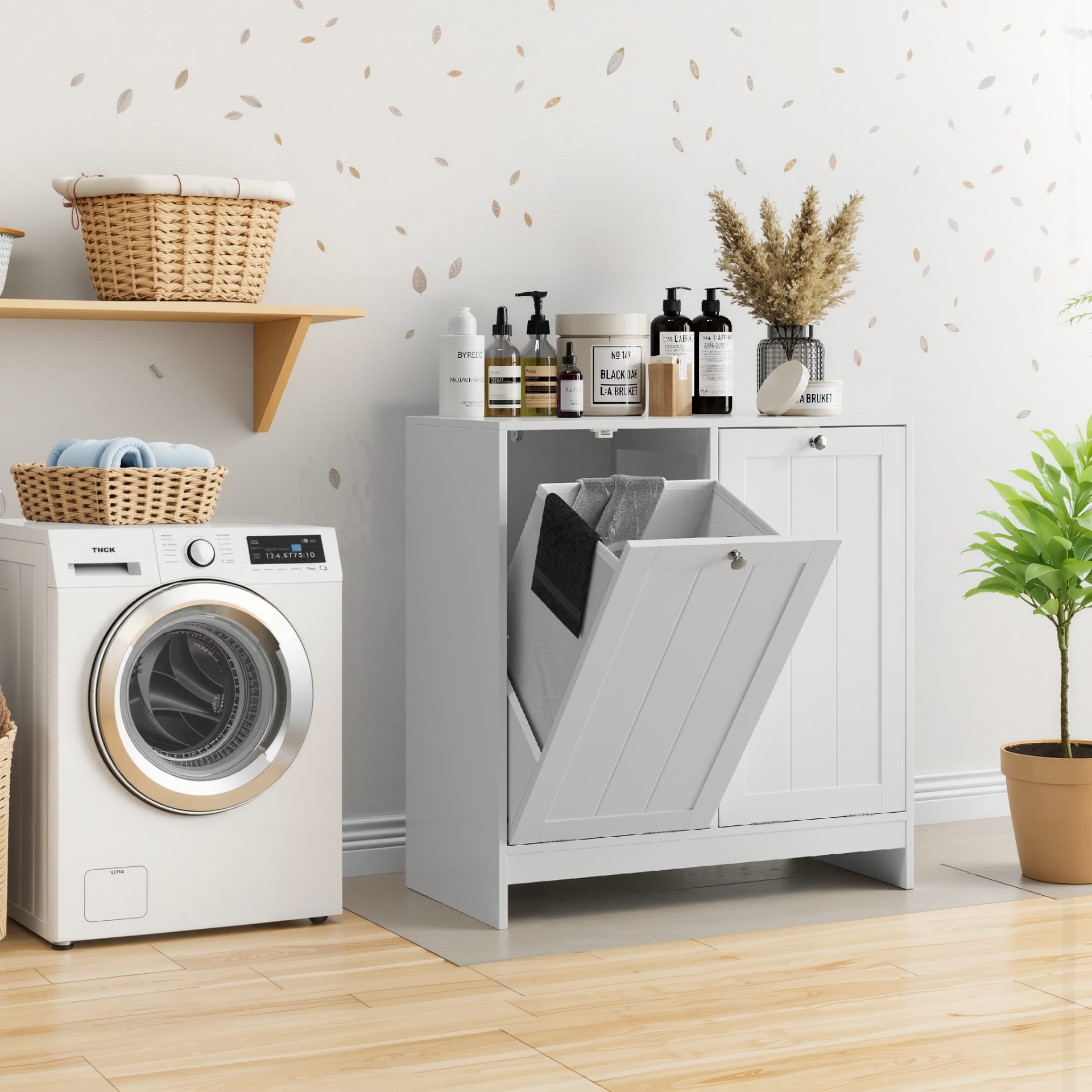 Tilted Laundry Hamper With Removable Basket, Hidden Laundry Hamper, Bathroom Laundry Hamper Storage Cabinet, Free-Standing Home Organizer, White view 2