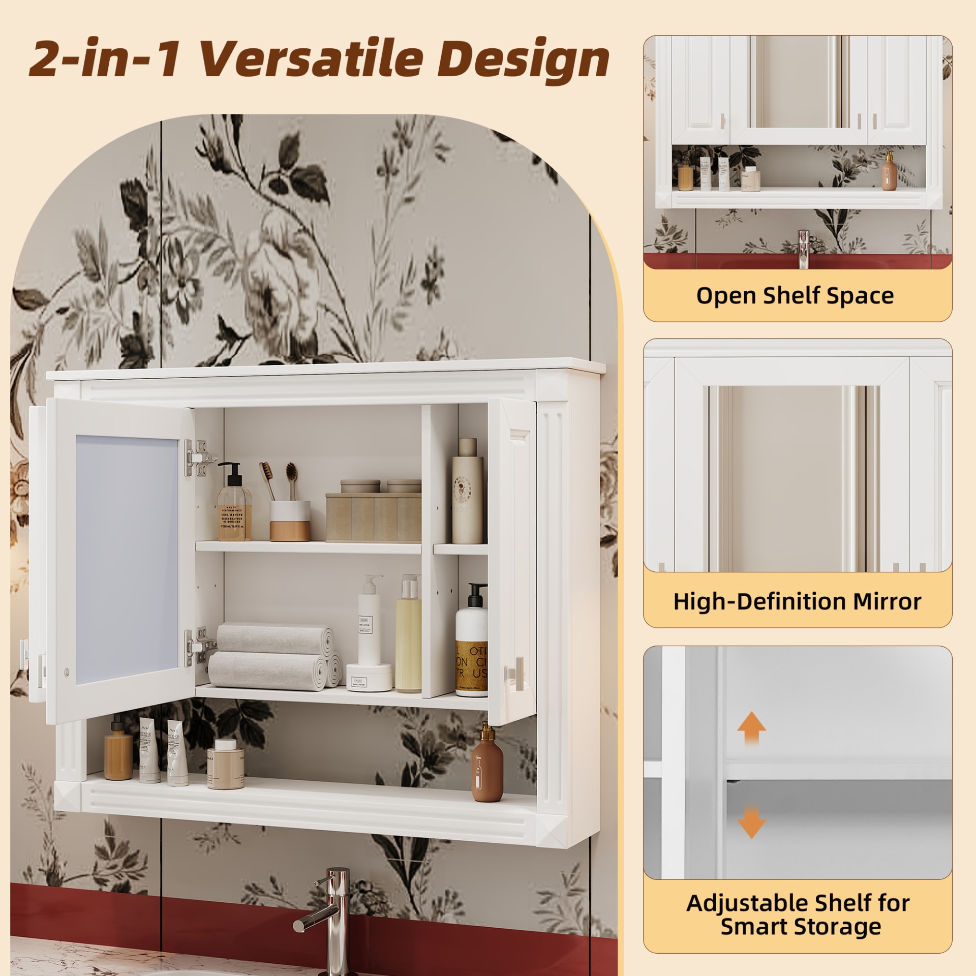 35inch Bathroom Wall Cabinet With Mirror, Wall Mounted Medicine Cabinet With Open Shelf, Mirrored Door Over Toilet Storage Cabinet, White view 4