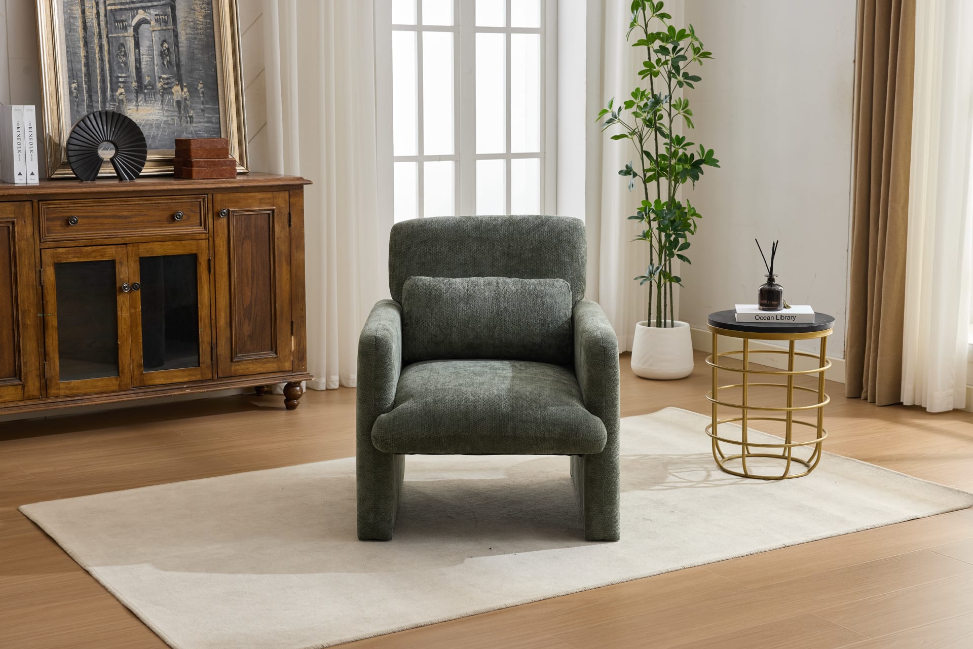 Modern Accent Chair, Contemporary Boucle Fabric Accent Armchair Comfy Upholstered Leisure Single Sofa Chair For Living Room Bedroom Apartment Office - Orange  - Green view 3