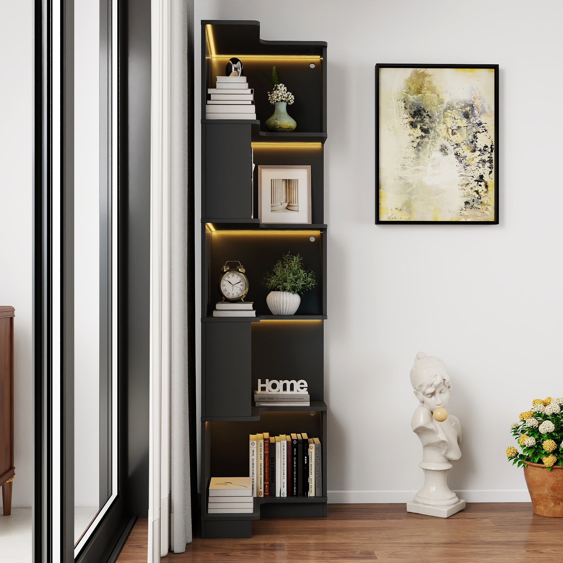 Corner Book Shelf - 5 Tier Corner Bookshelf  Bookcase With Baffle, Freestanding L Shaped Display Shelf Stand With Led Lights For Home Office, Living Room, Bedroom, Kitchen view 1