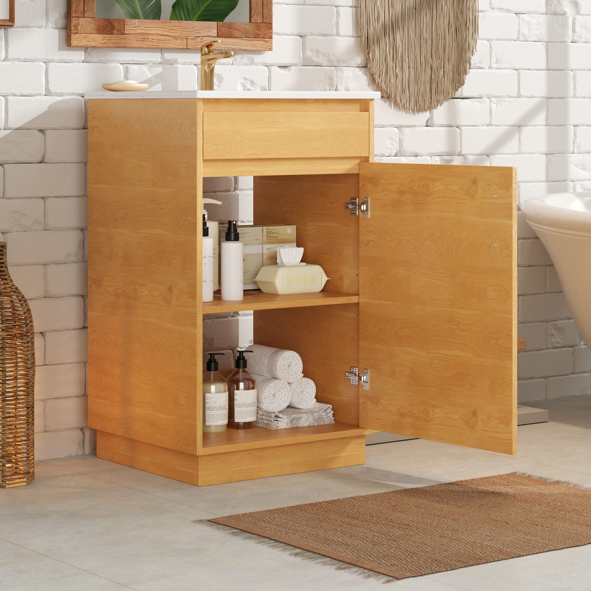20-inch Bathroom Vanity With Ceramic Sink, Freestanding Single Vanity Set With Soft Closing Door, Adjustable Shelf, Farmhouse Style, Natural Wood. view 5