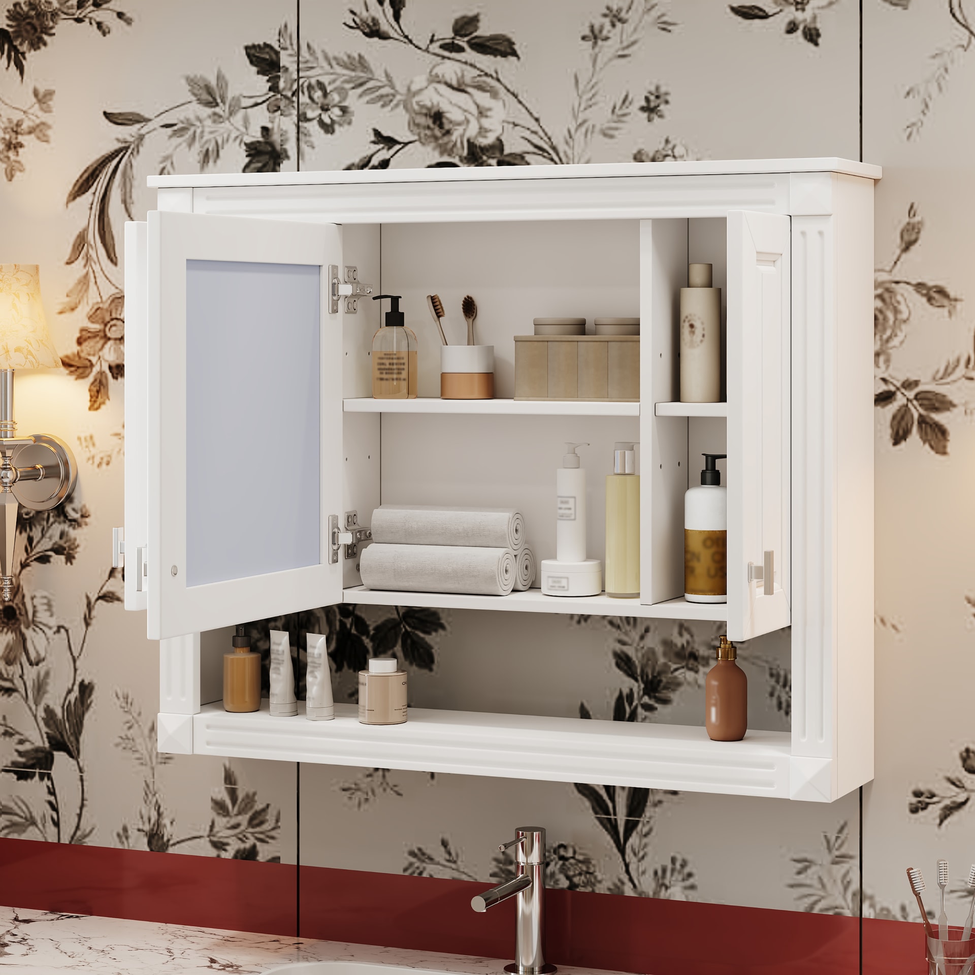 35inch Bathroom Wall Cabinet With Mirror, Wall Mounted Medicine Cabinet With Open Shelf, Mirrored Door Over Toilet Storage Cabinet, White view 5