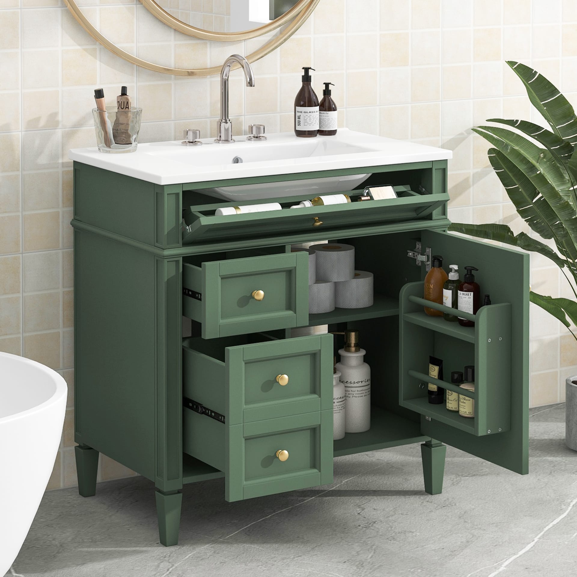 30'' Bathroom Vanity With Top Sink, Modern Bathroom Storage Cabinet With 2 Drawers And A Tip-out Drawer, Single Sink Bathroom Vanity view 2
