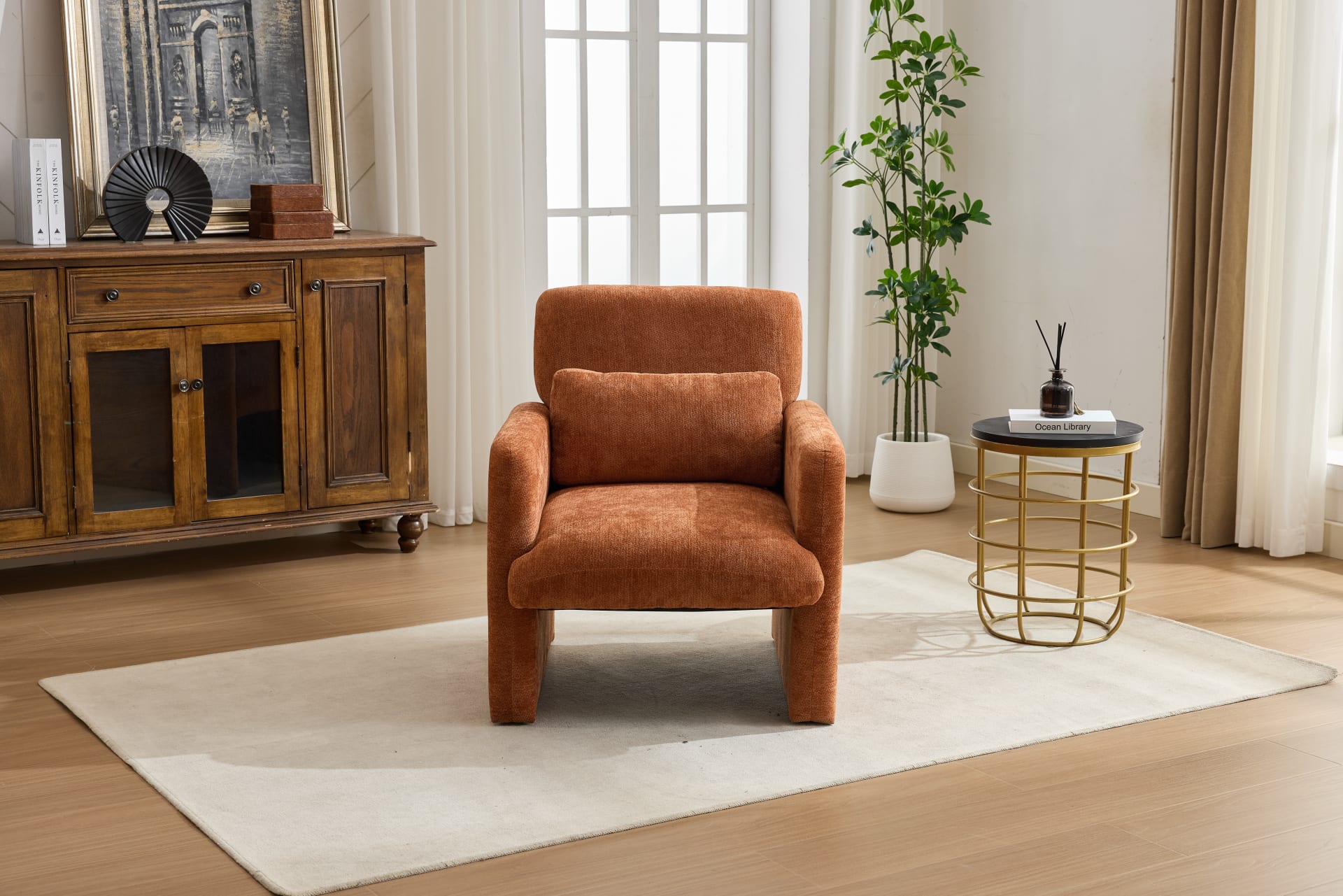 Modern Accent Chair, Contemporary Boucle Fabric Accent Armchair Comfy Upholstered Leisure Single Sofa Chair For Living Room Bedroom Apartment Office - Orange view 1