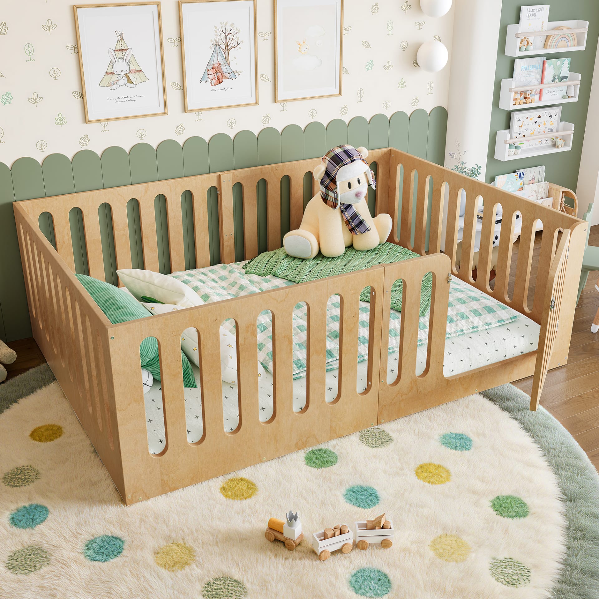 Full Size Floor Bed With High Fence For Kids, Solid Wood Kids Montessori Bed With Door, Low-profile And No Box Spring Needed Design, Natural.Patent Protection view 2