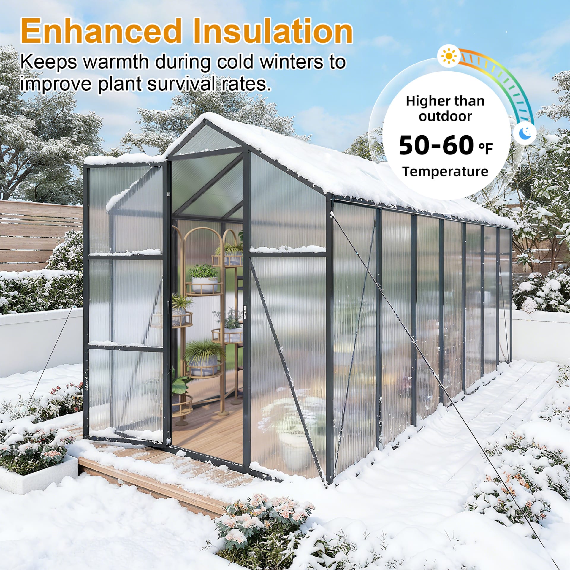 6x14FT Walk-in Outdoor Greenhouse - Polycarbonate Garden Greenhouse With Sturdy Aluminum Frame, Adjustable Vents, Lockable Door & UV Protection For Backyard view 3
