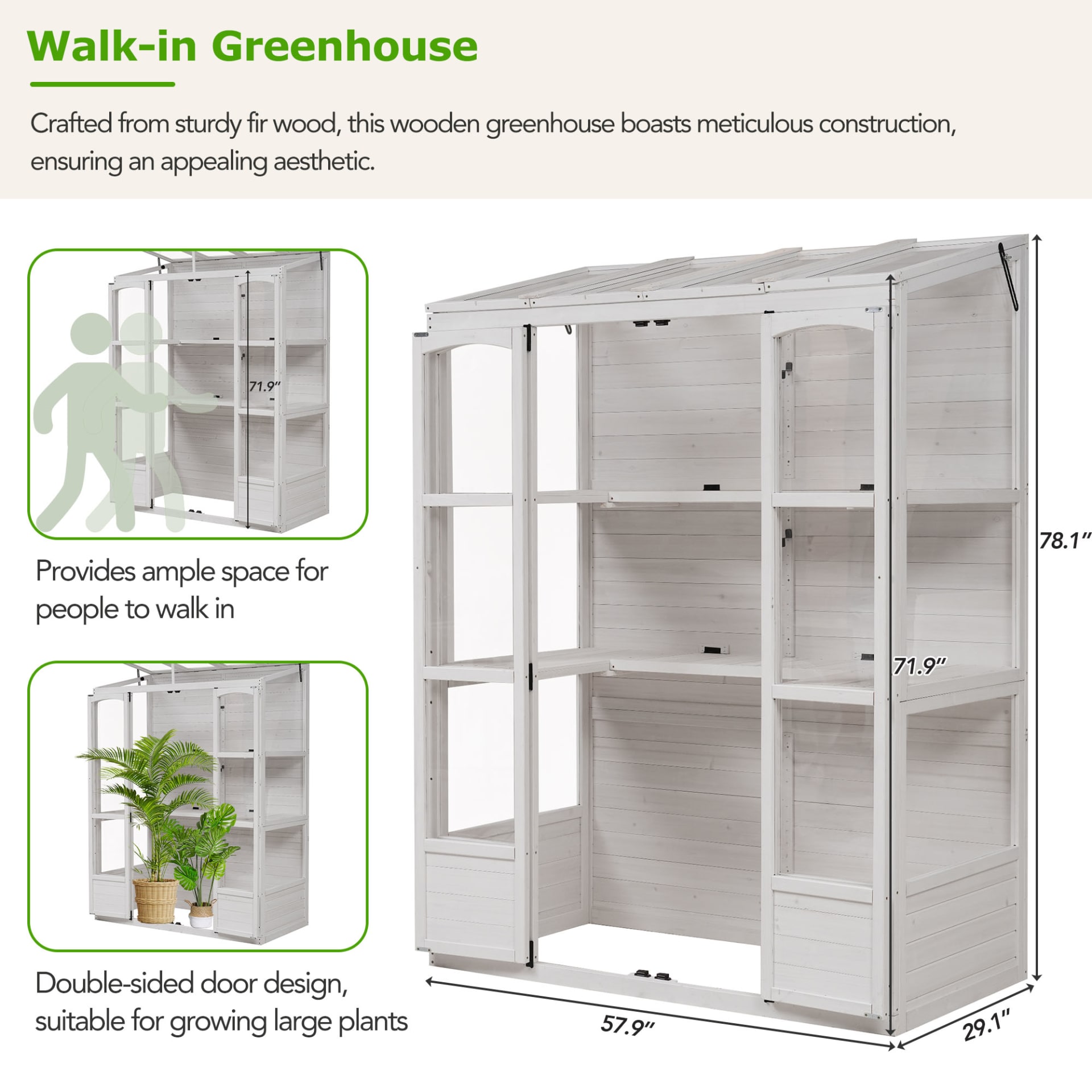 TOPMAX 78-inch Wooden Greenhouse Cold Frame With 4 Independent Skylights And 2 Folding Middle Shelves, Walk-in Outdoor Greenhouse, White view 4