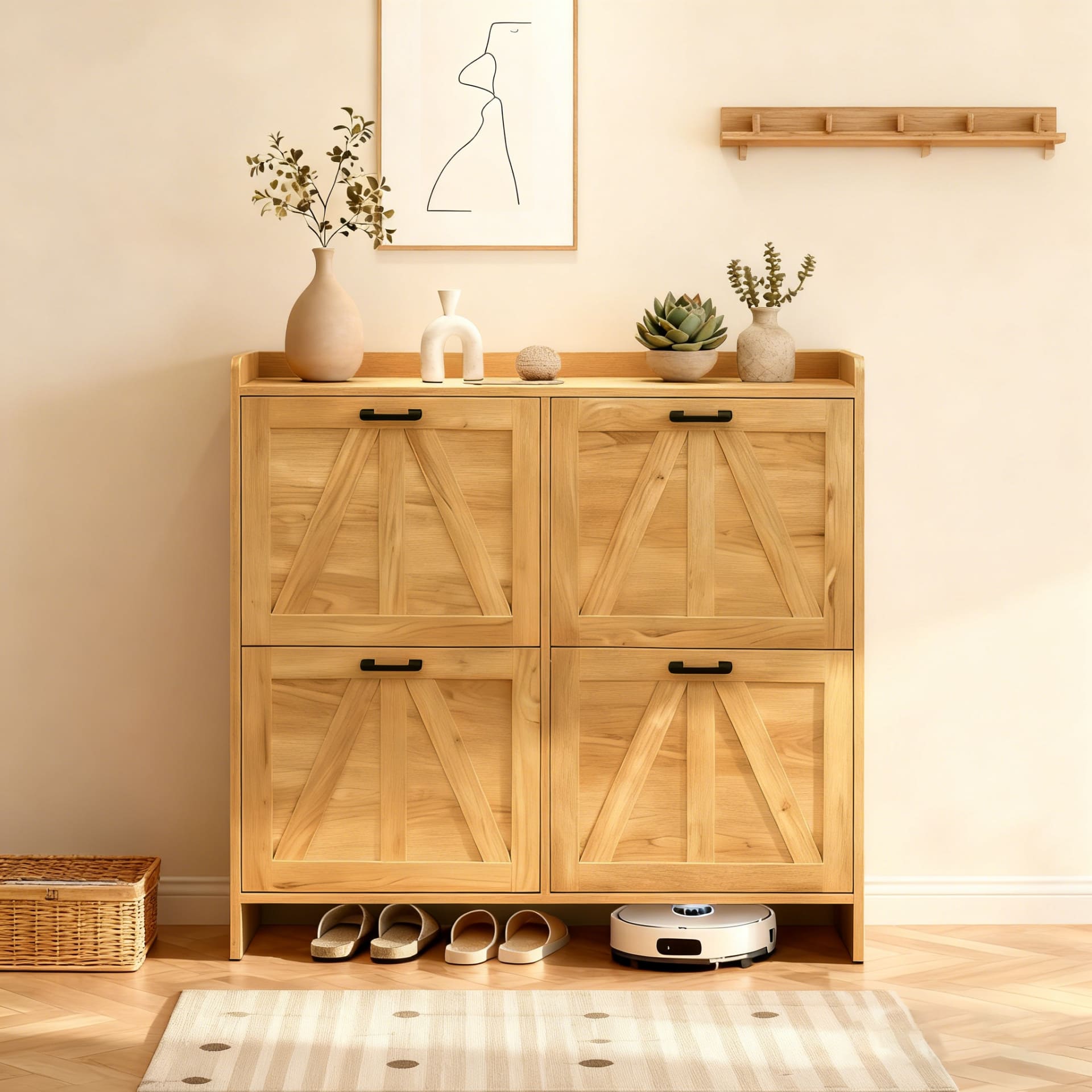 Light Oak Rustic Barn-Door Shoe Cabinet With 4 Flip Drawers, Sleek Space-Saving Entryway Organizer For Living Room view 3