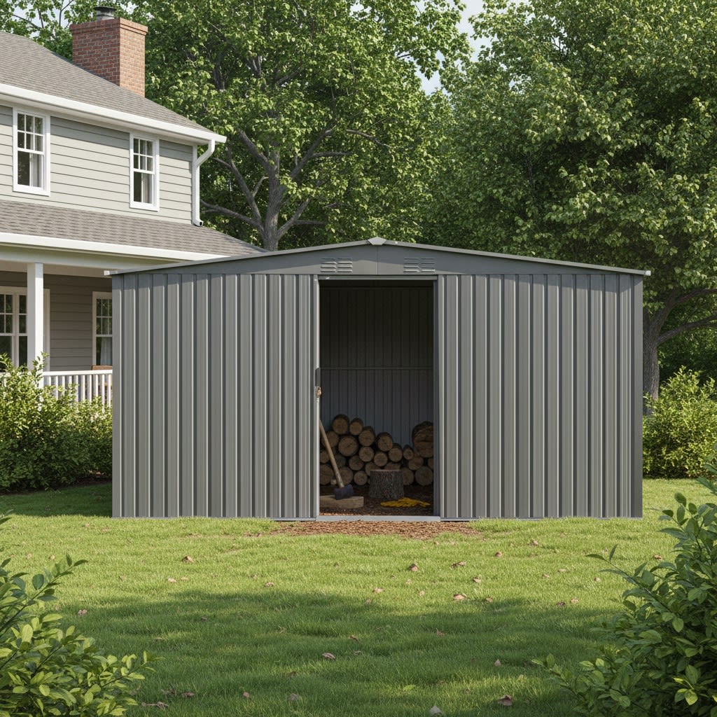 New Outdoor Storage Shed Has Two Functions Metal Shed And Firewood Shed 13 Ftx11 Ft , More Suitable For Winter , Grey view 2