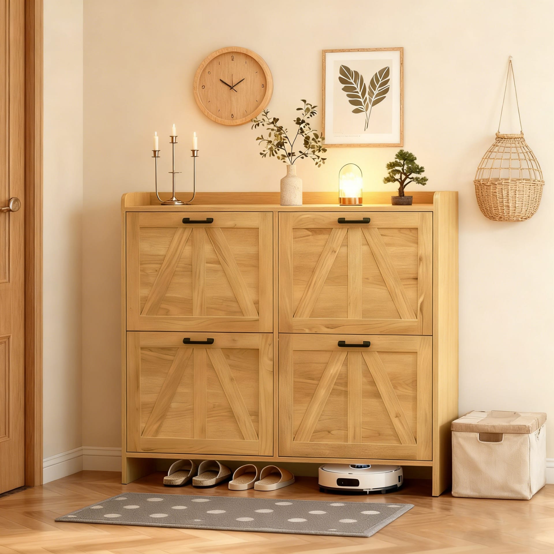 Light Oak Rustic Barn-Door Shoe Cabinet With 4 Flip Drawers, Sleek Space-Saving Entryway Organizer For Living Room view 2