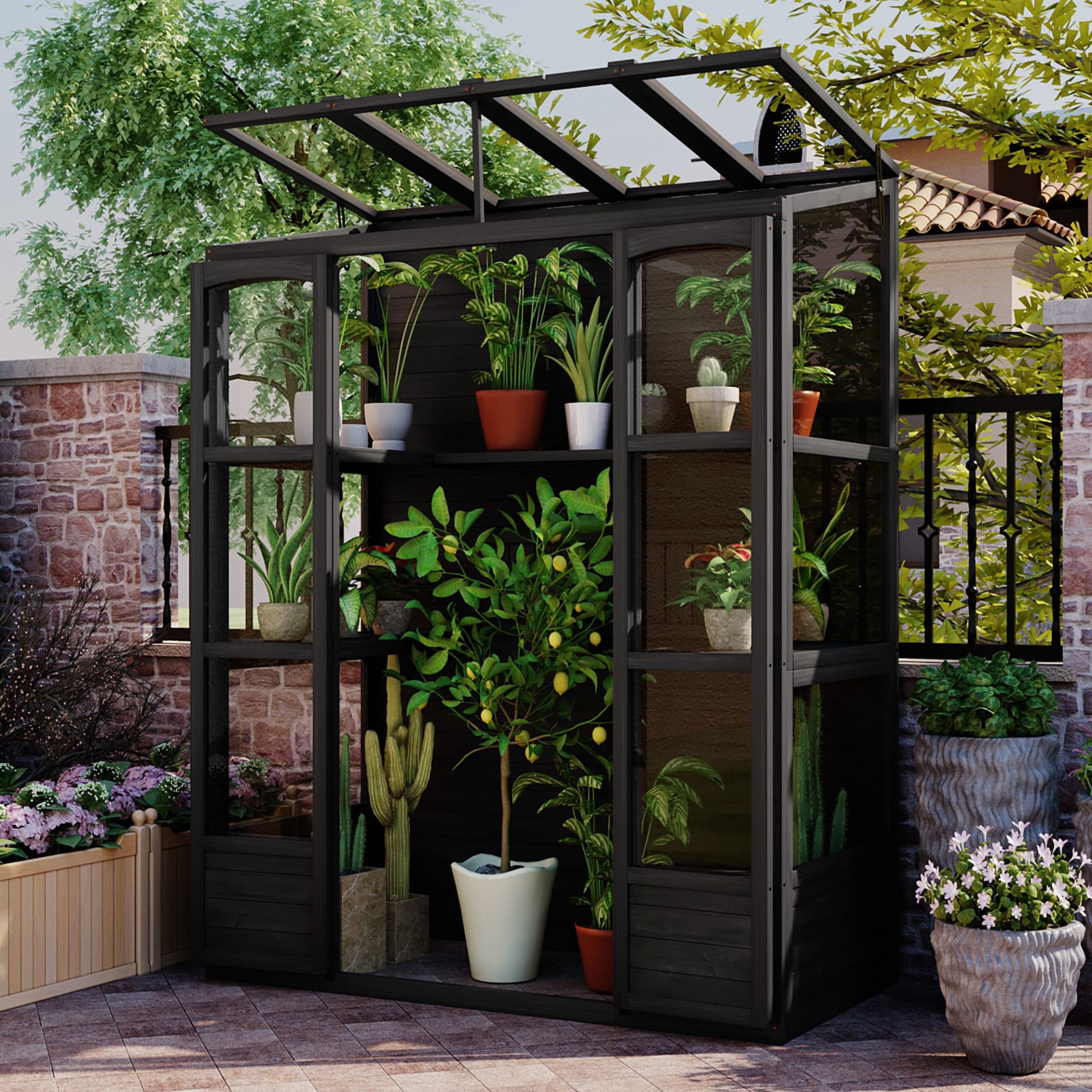 TOPMAX 78-inch Wooden Greenhouse Cold Frame With 4 Independent Skylights And 2 Folding Middle Shelves, Walk-in Outdoor Greenhouse, Black view 1