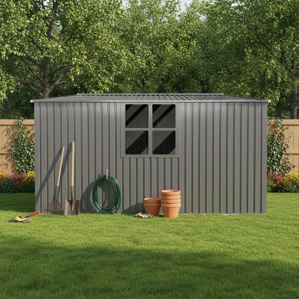 New Outdoor Storage Shed Has Two Functions Metal Shed And Firewood Shed 13 Ftx11 Ft , More Suitable For Winter , Grey view 5