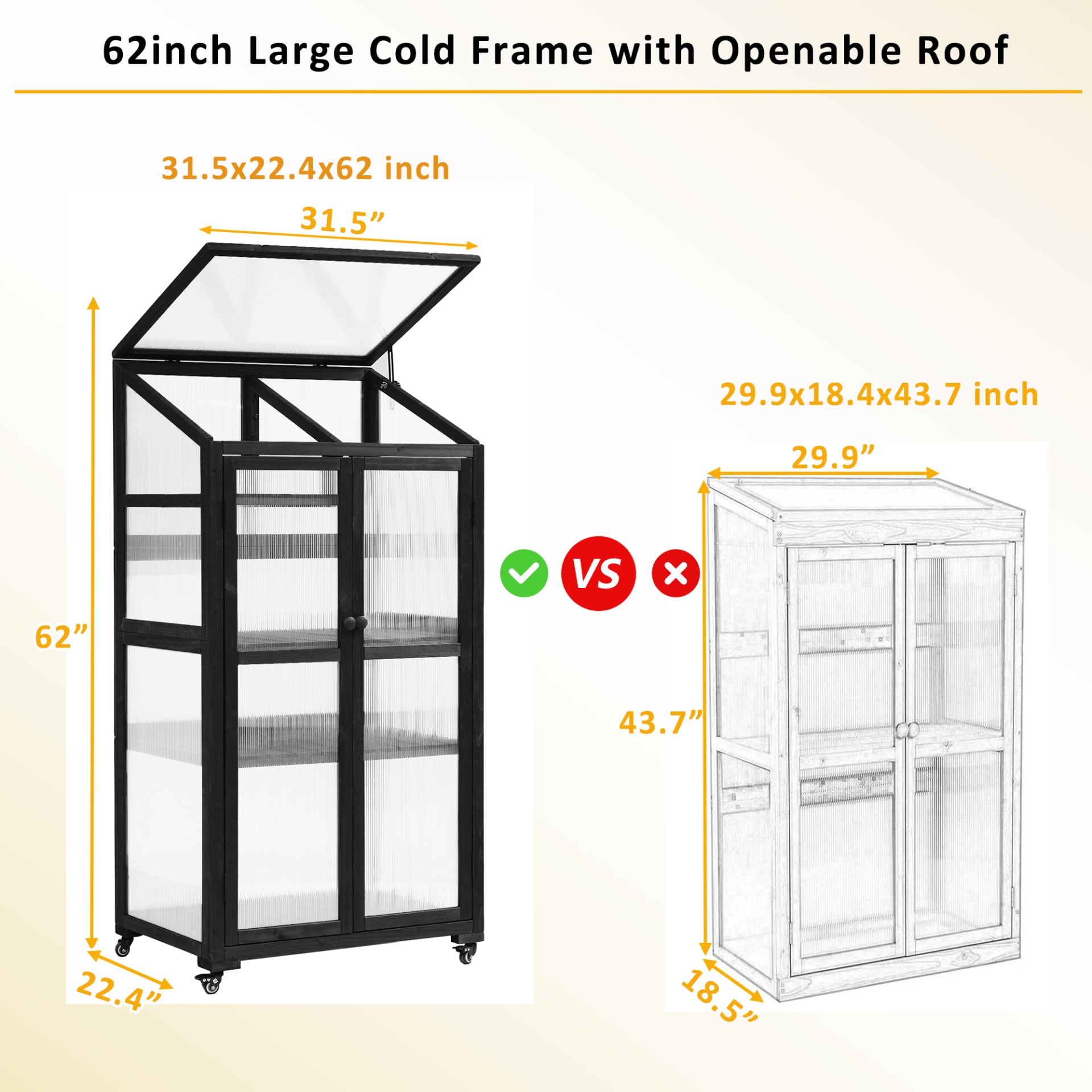 TOPMAX 62inch Height Wood Large Greenhouse Balcony Portable Cold Frame With Wheels And Adjustable Shelves For Outdoor Indoor Use, Black view 4