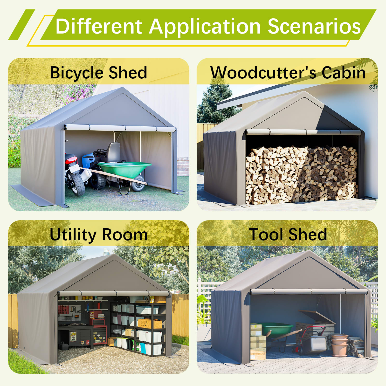 10x10ft Outdoor Storage Shed, All-Weather Garden Shelter With Waterproof UV-Resistant Cover, Multi-Functional Utility Cabin For Bicycle, Tool, Wood Storage, Easy Assembly view 5