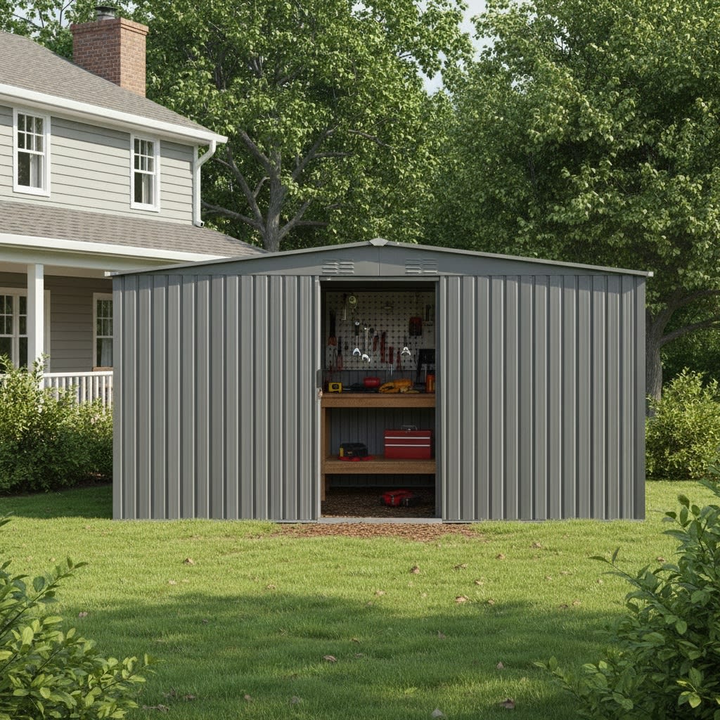 New Outdoor Storage Shed Has Two Functions Metal Shed And Firewood Shed 13 Ftx11 Ft , More Suitable For Winter , Grey
