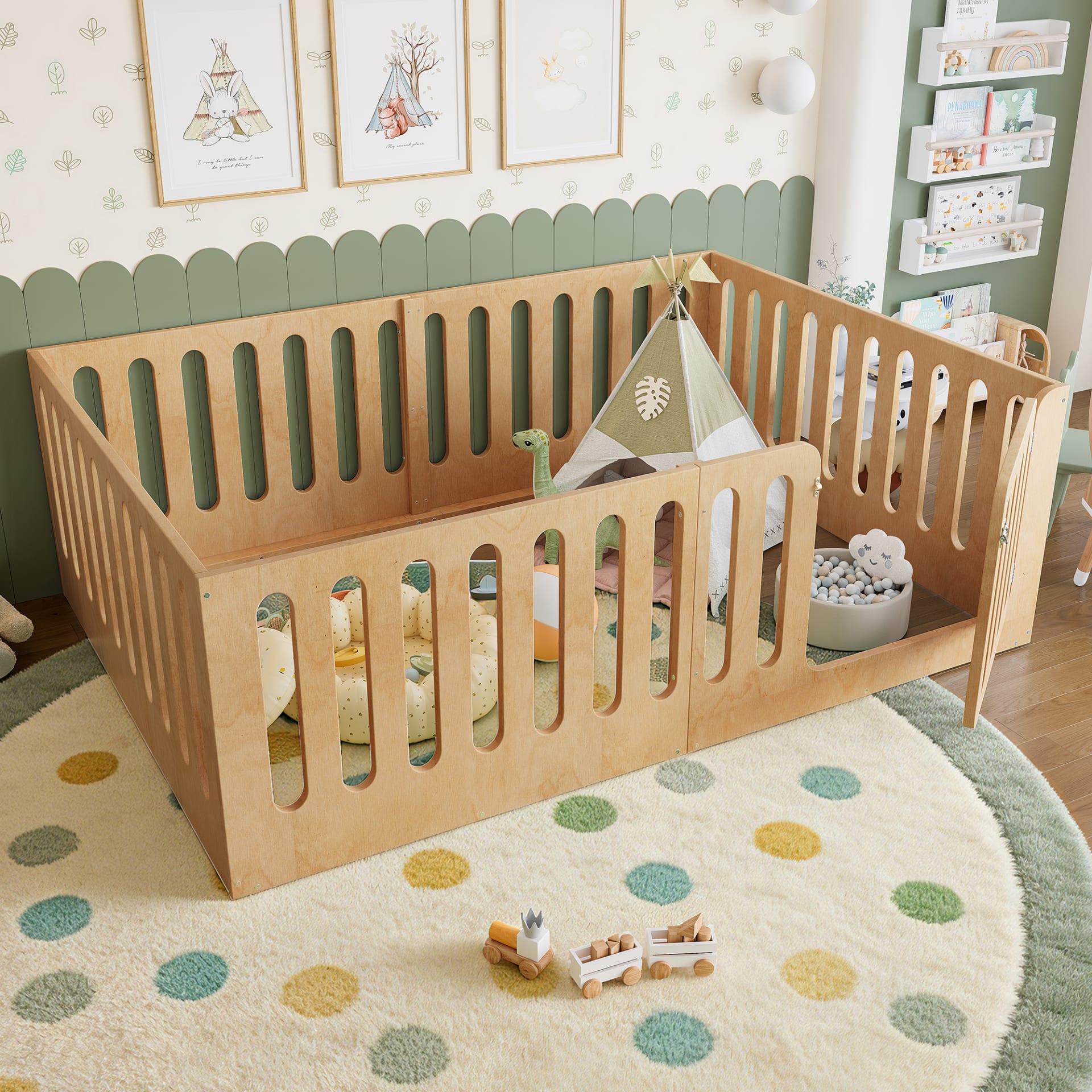 Full Size Floor Bed With High Fence For Kids, Solid Wood Kids Montessori Bed With Door, Low-profile And No Box Spring Needed Design, Natural.Patent Protection view 5