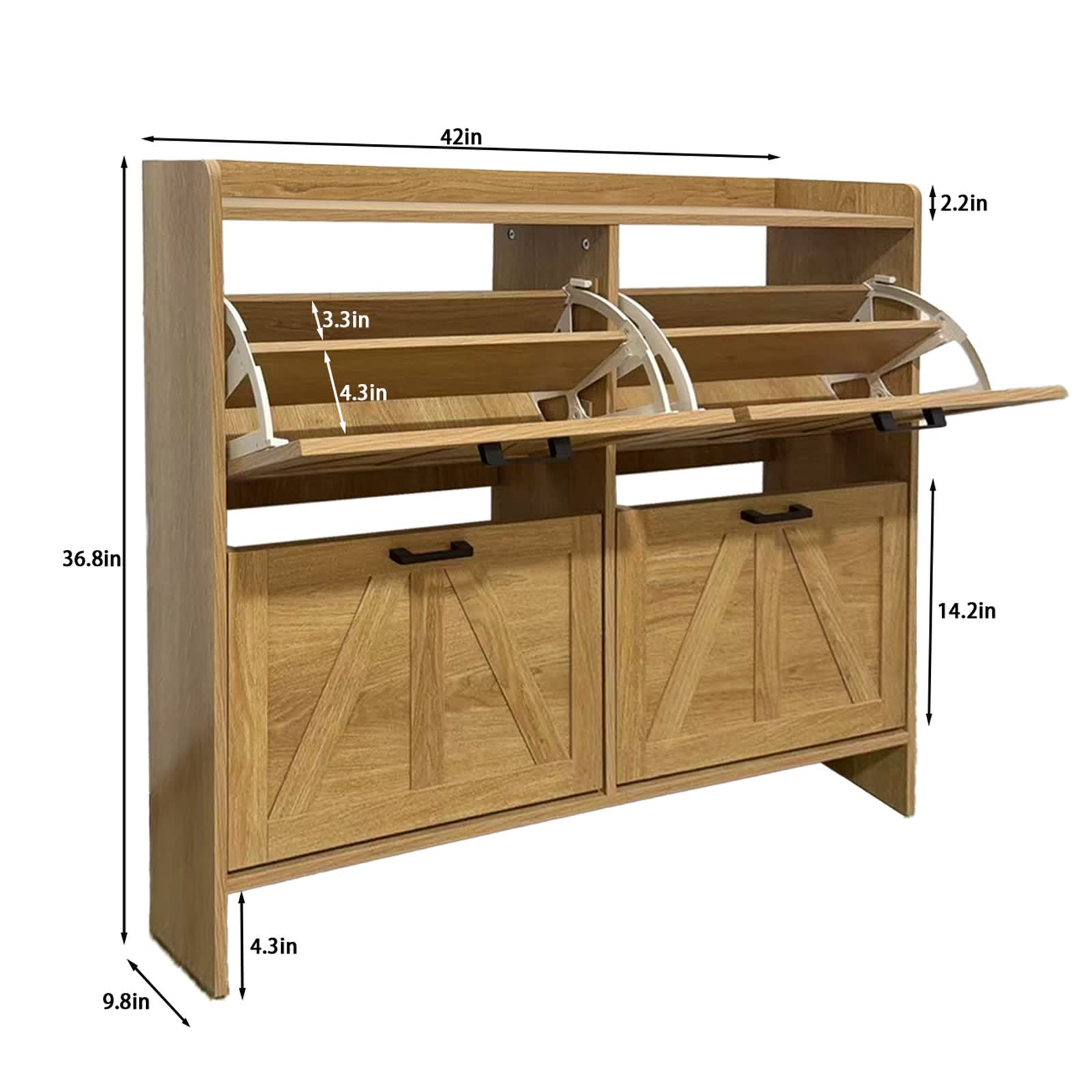 Light Oak Rustic Barn-Door Shoe Cabinet With 4 Flip Drawers, Sleek Space-Saving Entryway Organizer For Living Room view 5