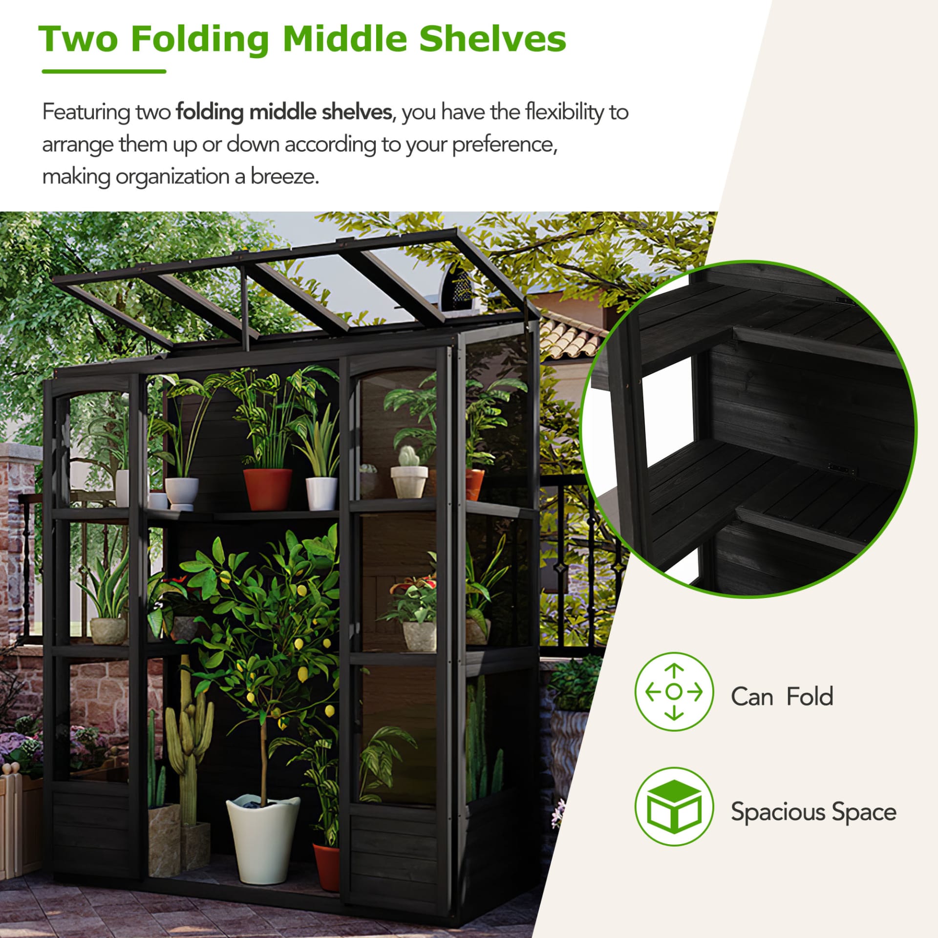 TOPMAX 78-inch Wooden Greenhouse Cold Frame With 4 Independent Skylights And 2 Folding Middle Shelves, Walk-in Outdoor Greenhouse, Black view 2
