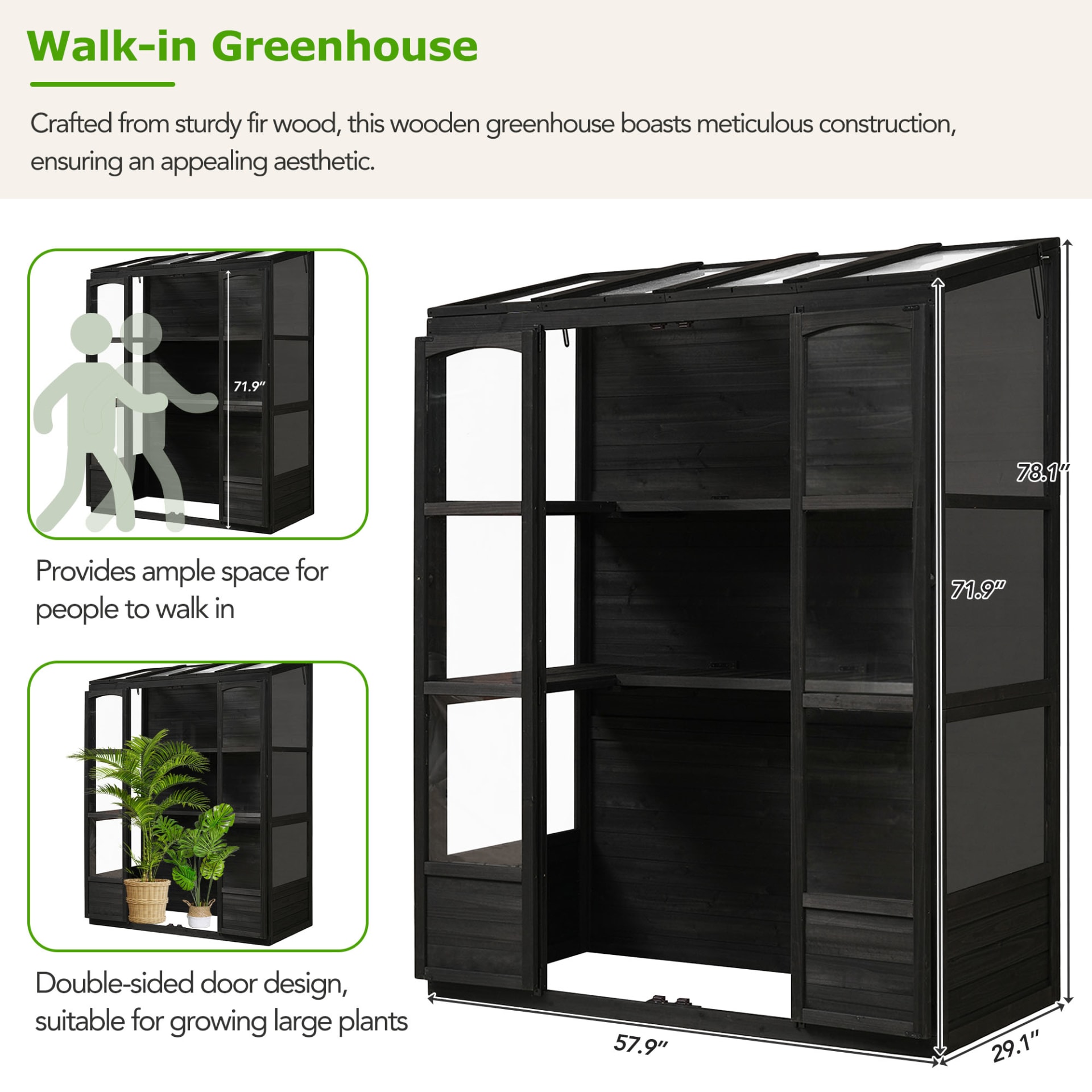 TOPMAX 78-inch Wooden Greenhouse Cold Frame With 4 Independent Skylights And 2 Folding Middle Shelves, Walk-in Outdoor Greenhouse, Black view 4