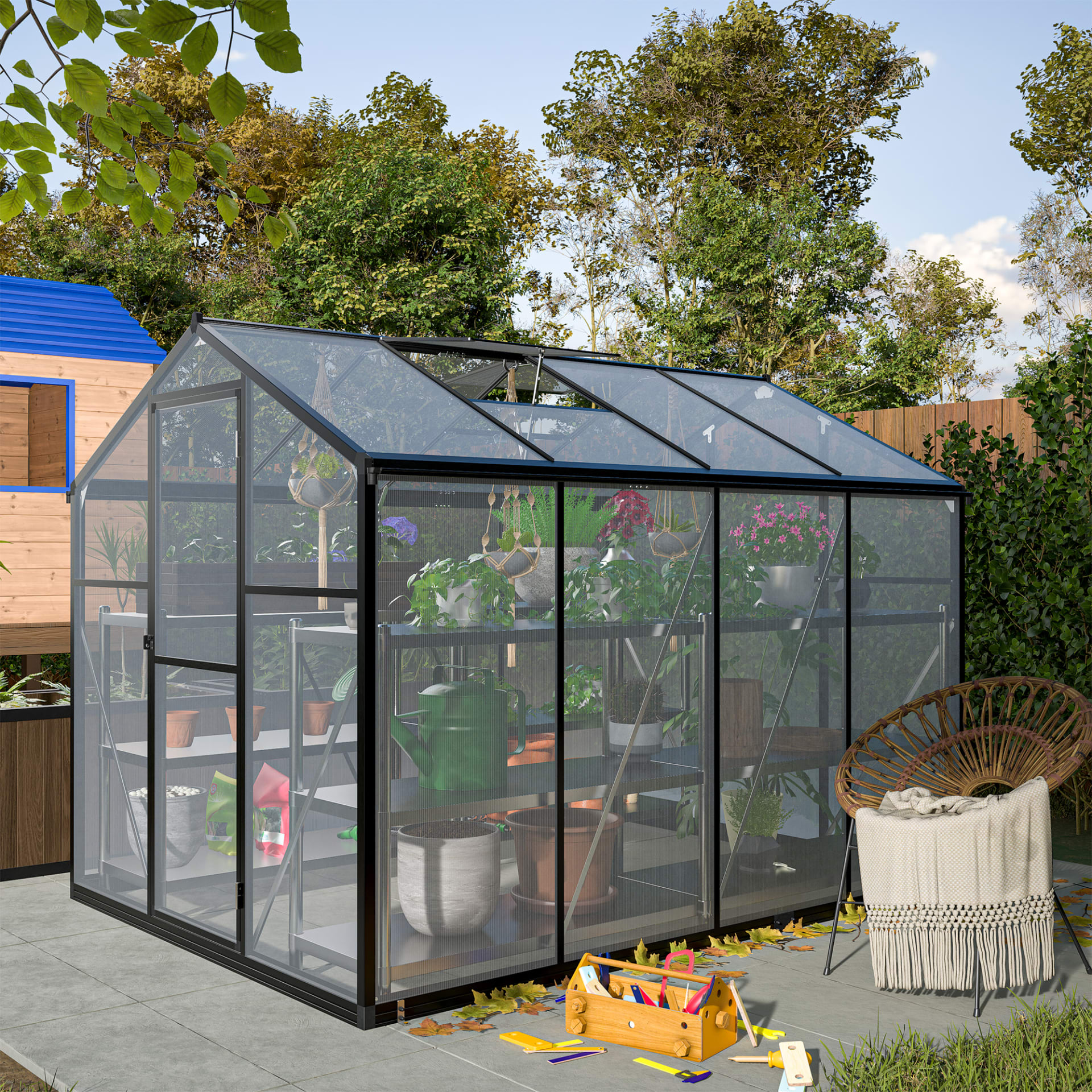 6x8 FT Greenhouse For Outdoors, Polycarbonate Greenhouse With Quick Setup Structure And Roof Vent, Aluminum Large Walk-in Greenhouse For Outside Garden Backyard, Black view 2