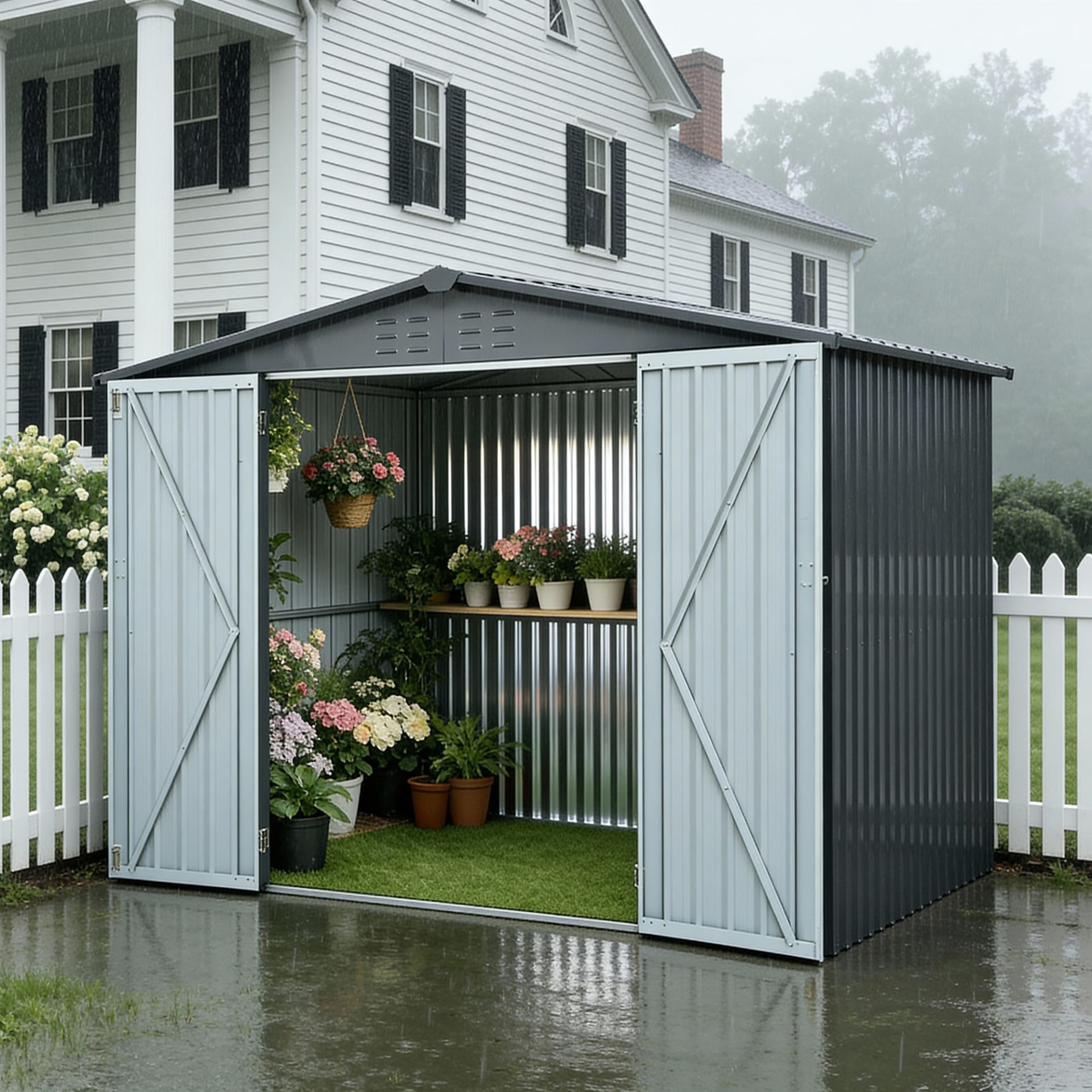 Metal Storage Shed With Double Doors, Heavy-Duty Galvanized Steel Outdoor Garden Shed For Tools, Lawn Equipment, And Yard Storage 72.8Hx68.9Dx87.8W view 2