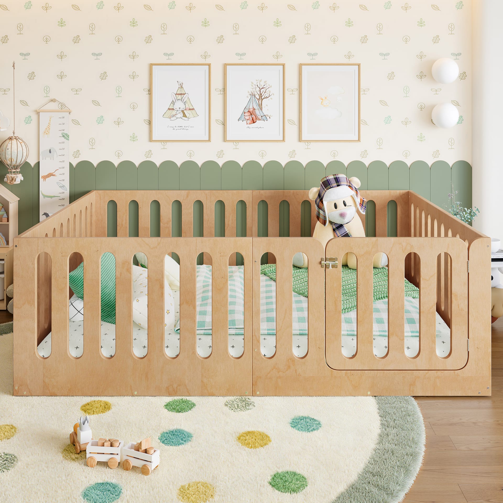 Full Size Floor Bed With High Fence For Kids, Solid Wood Kids Montessori Bed With Door, Low-profile And No Box Spring Needed Design, Natural.Patent Protection view 4