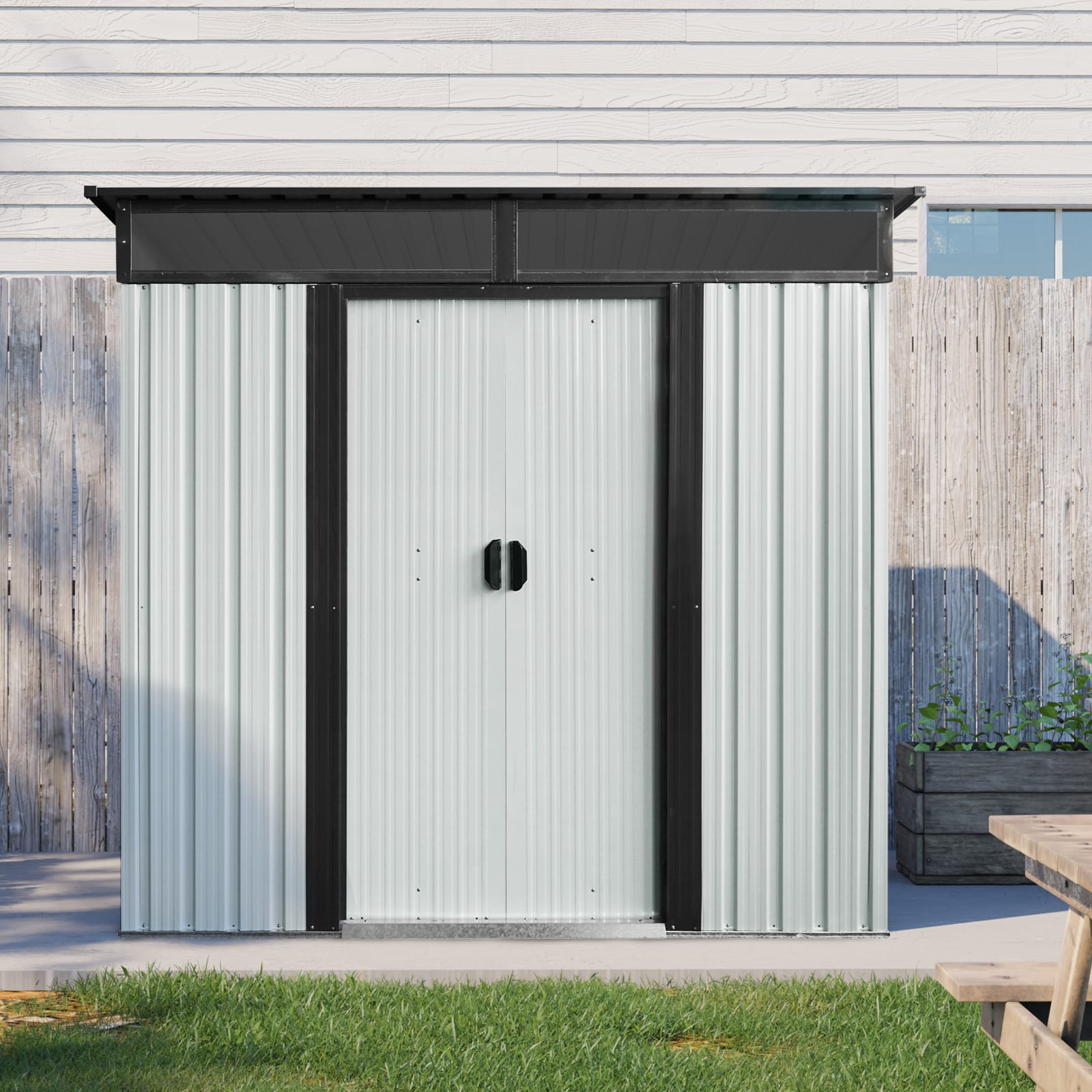 6ft X 5ft Outdoor Metal Storage Shed With Lockable Sliding Doors And Transparent Plate For Garden, Lawn White And Black view 3